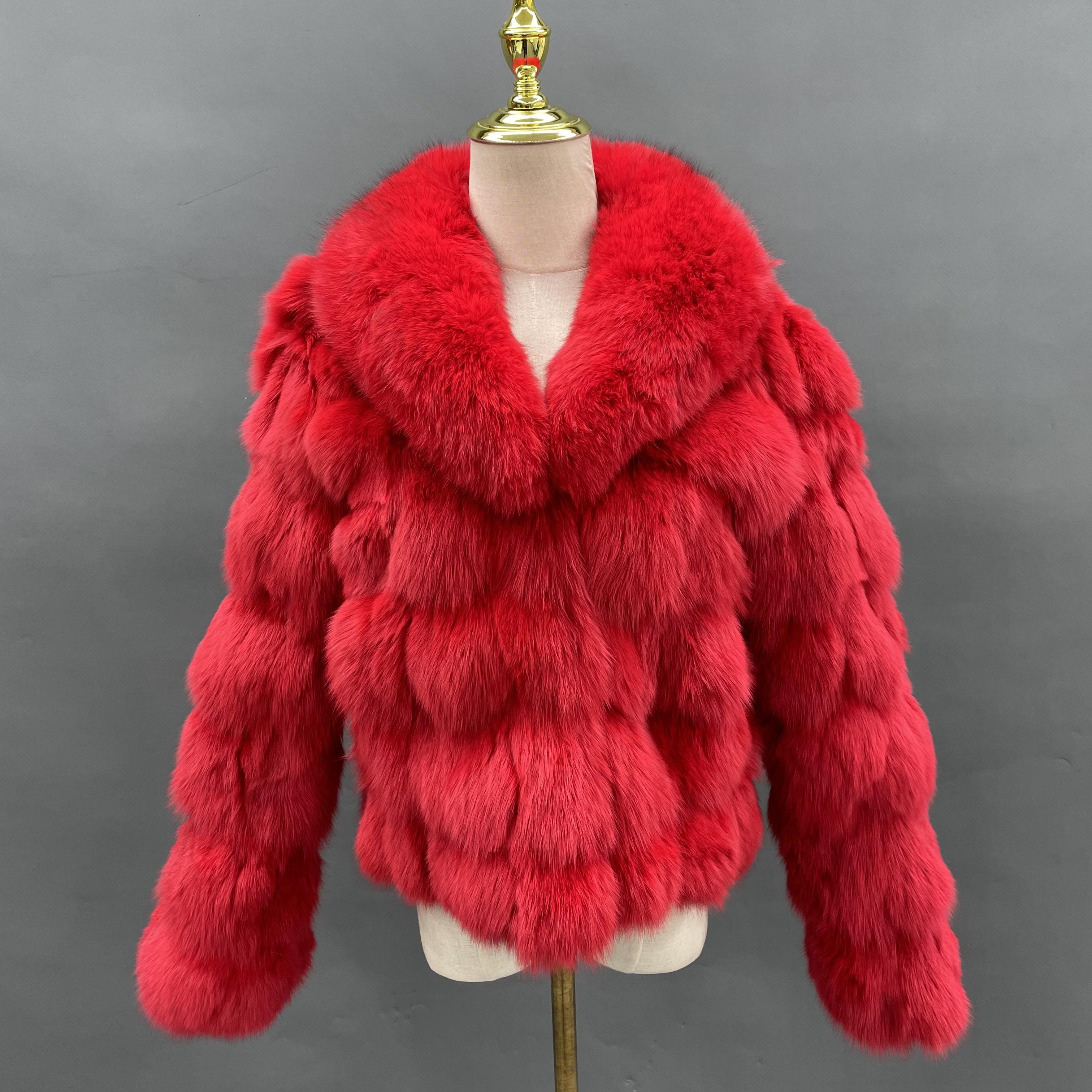 Plus Size Women's Short Stylish Lapel Real Fox Fur Luxury Jacket - Janefur