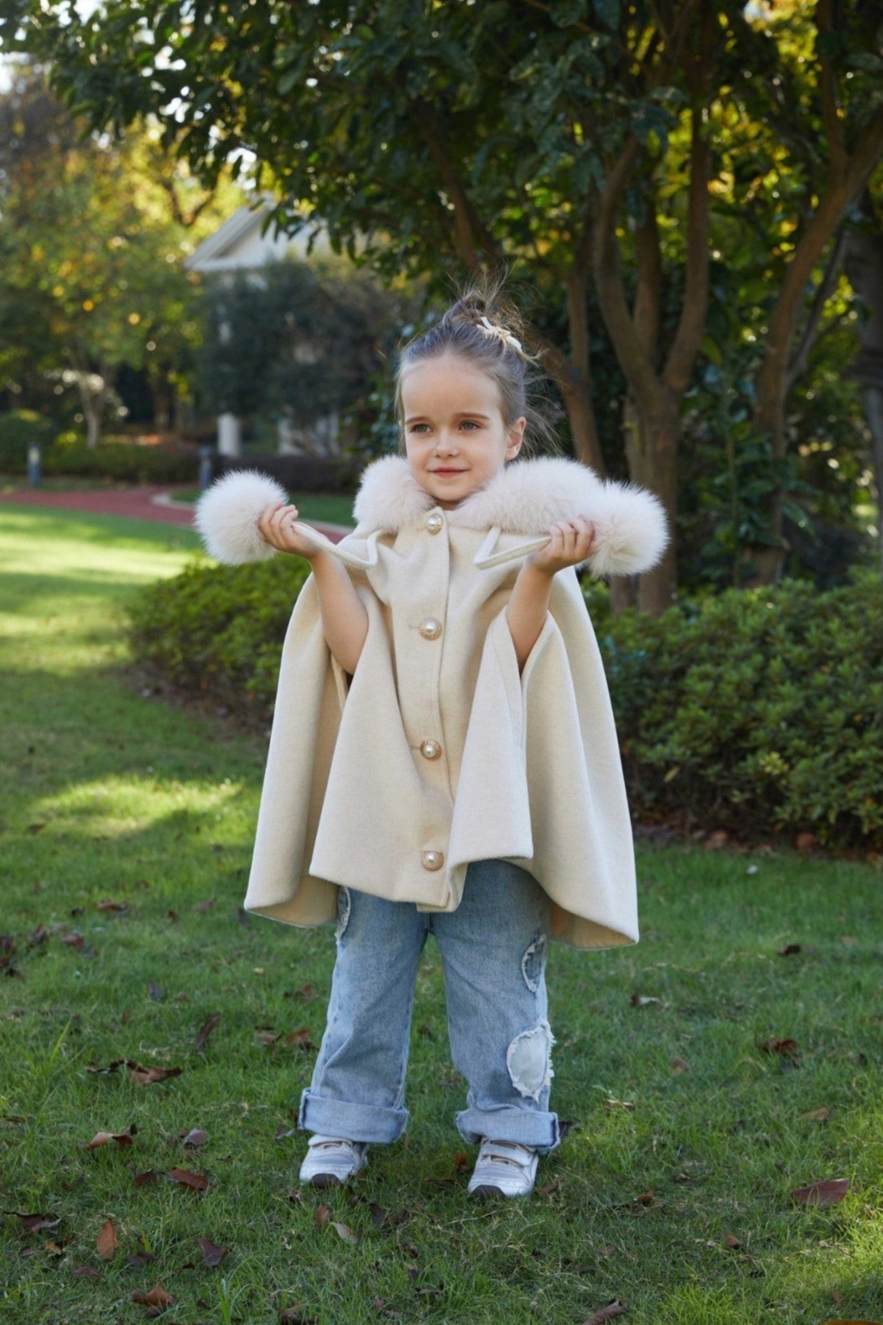 New Children's Double Fur Ball Hooded Poncho Shawl - Janefur