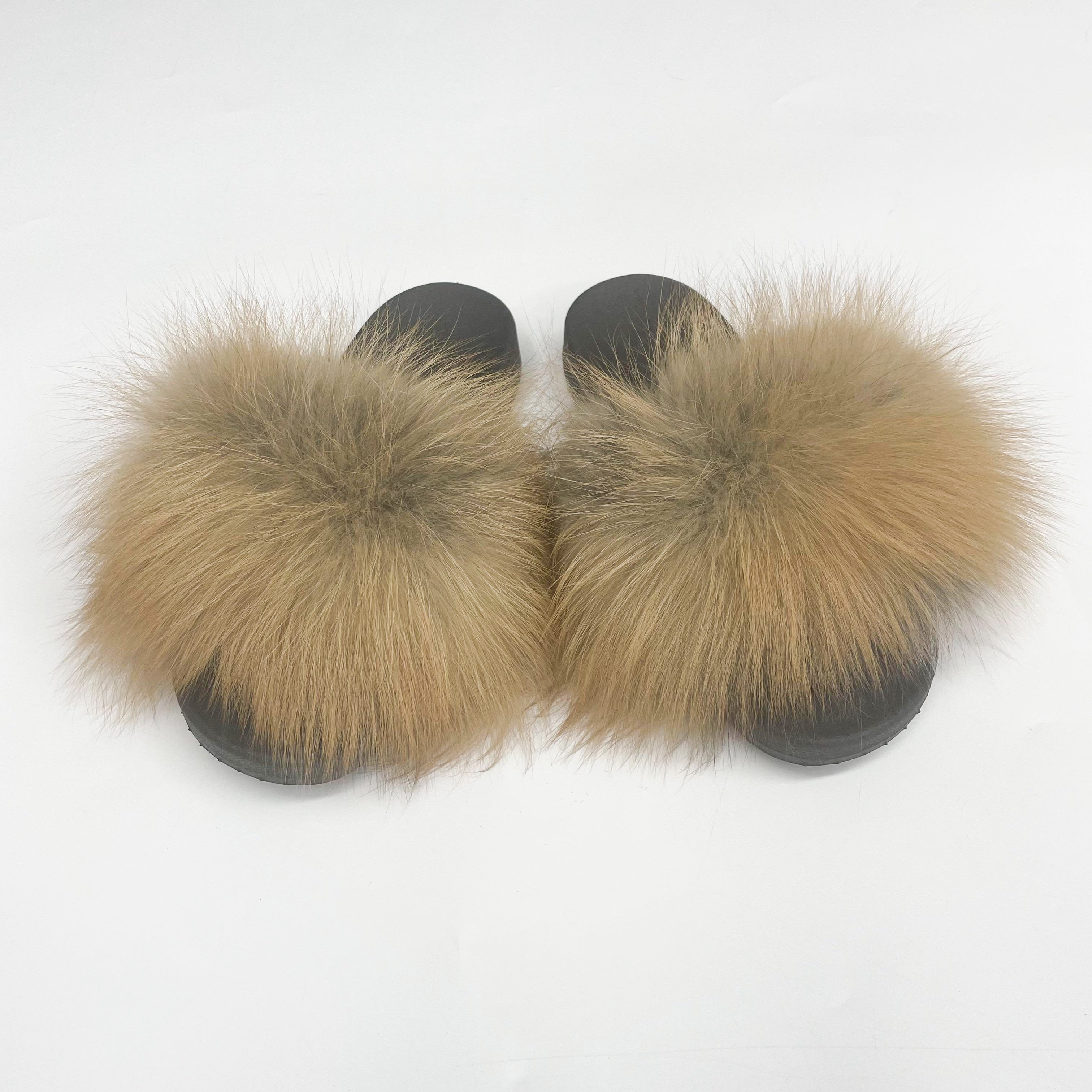 Janefur Luxury Women's Big Real Fox Fur Trim Slippers (Black Sole)