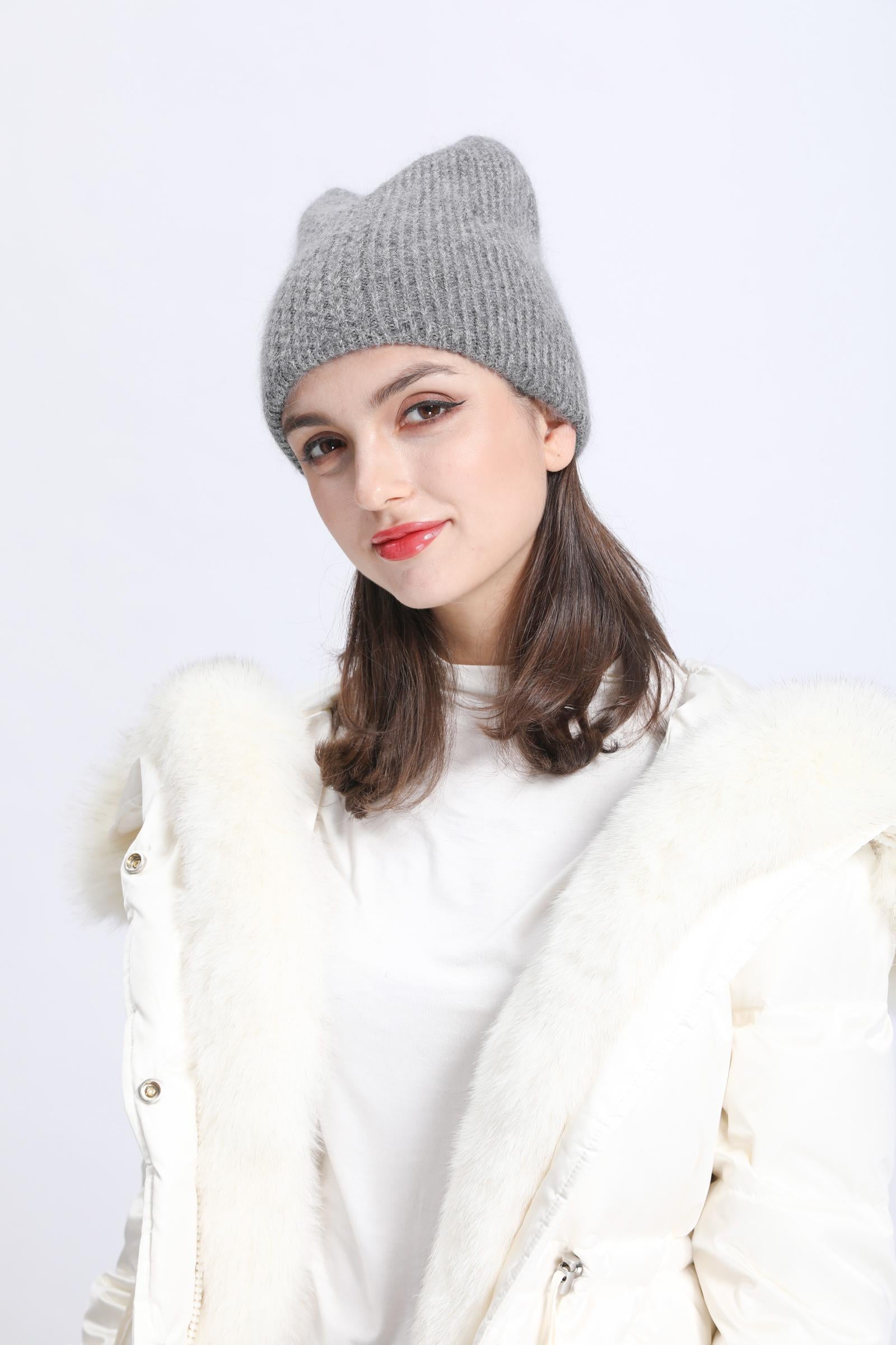 Women Cat Ears Double Layer Knitted Beanie Hat - Janefur