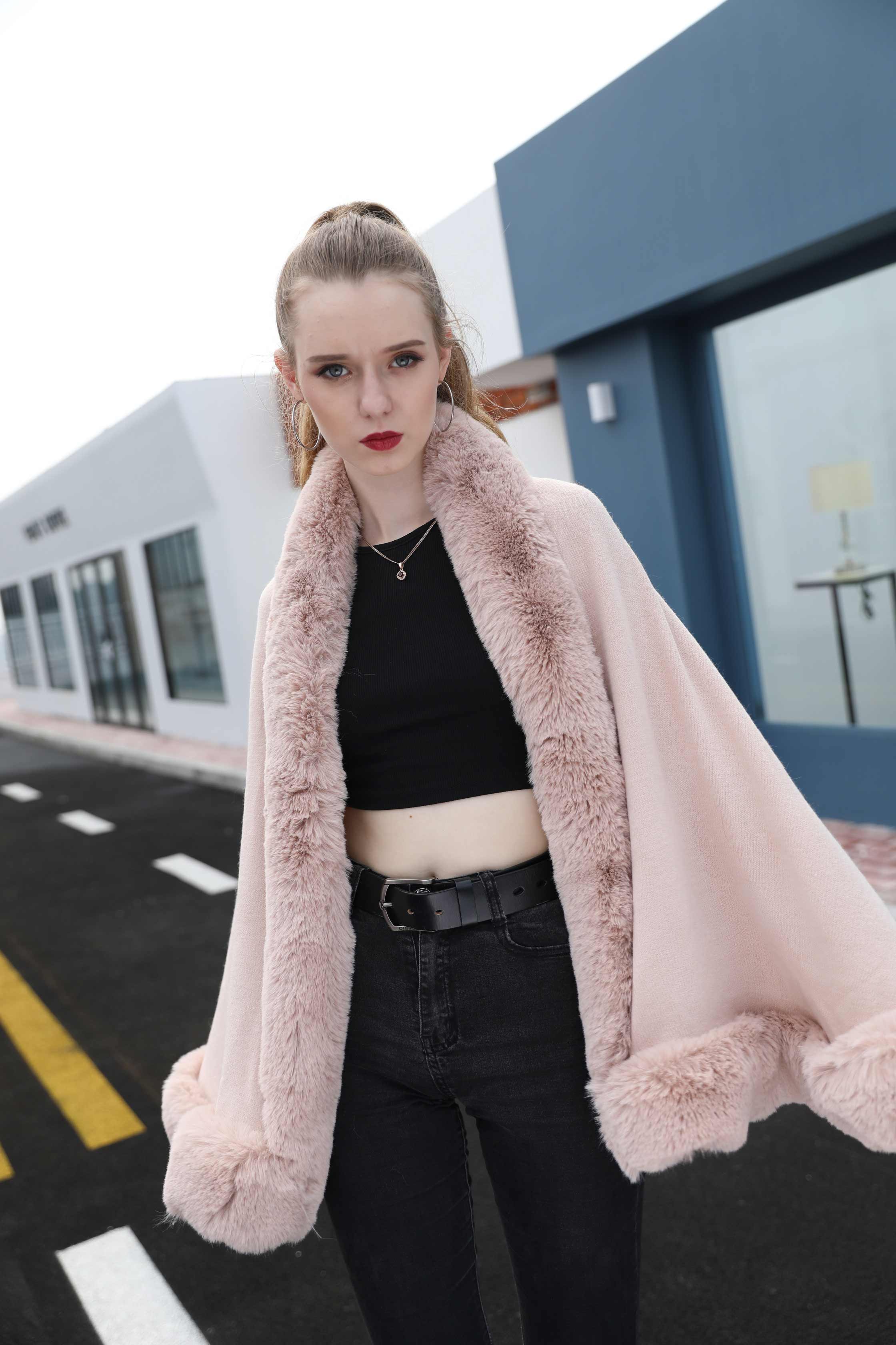 Janefur Wholesale Fashion Women Knitted Cape Shawl with Faux Fur Trim - Janefur