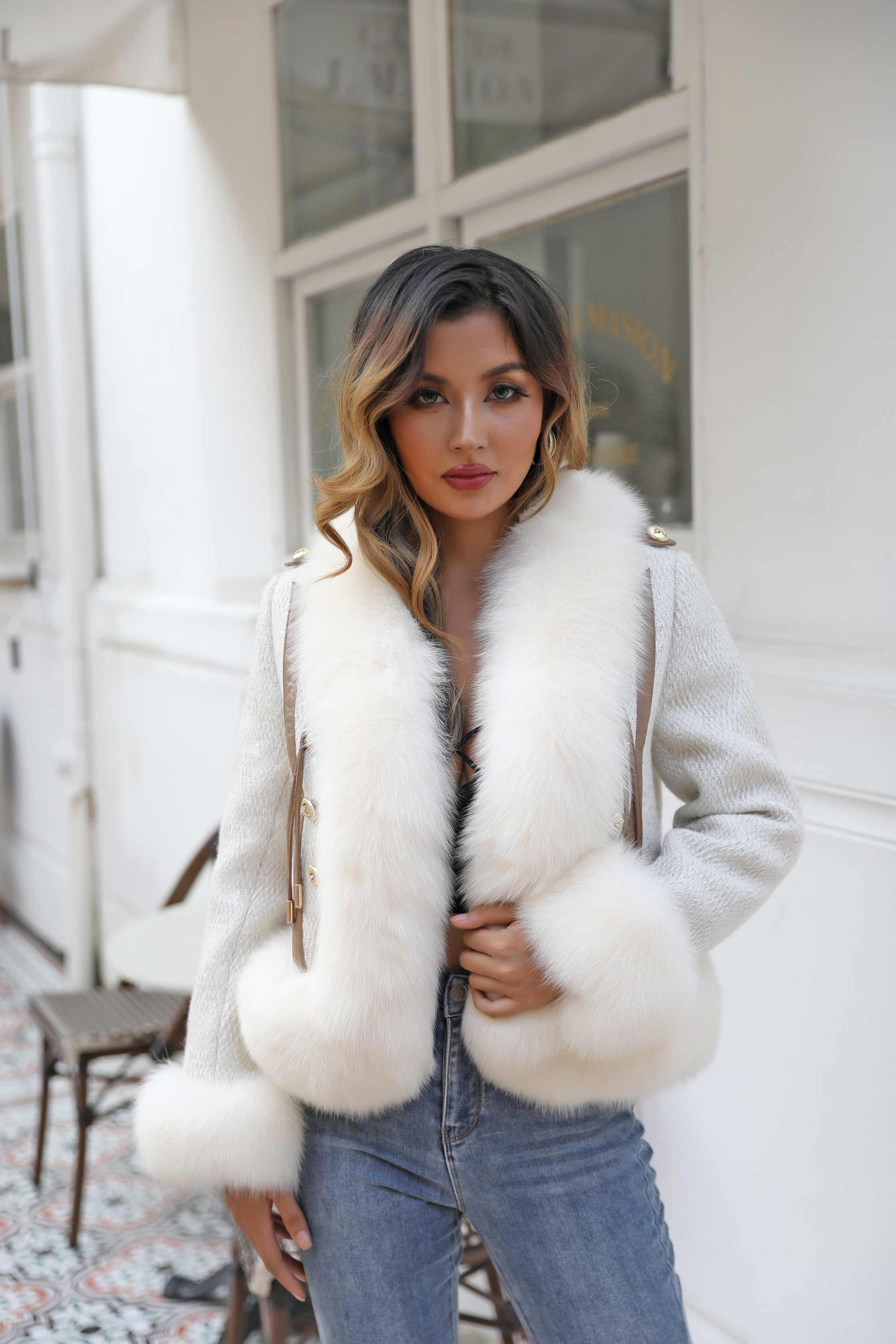 Women's Winter Fashion Coarse Woven Fabric Fox Fur Collar Coat - Janefur