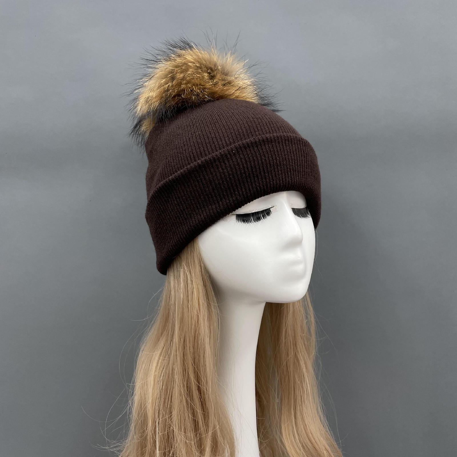 Solid Color Acrylic Knitted Hat with Single Fur Pom Pom Women's Knit Cap - Janefur