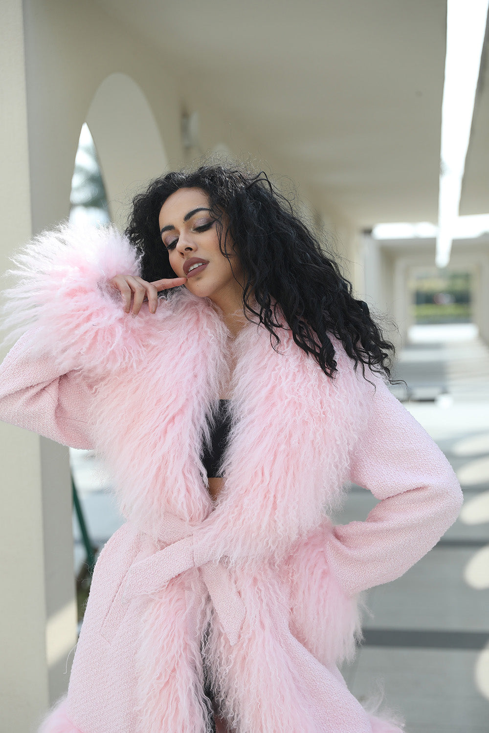 Janefur Wholesale Long Mongolian Lamb Fur Womens Fashion Lace Up Fur Coat - Janefur