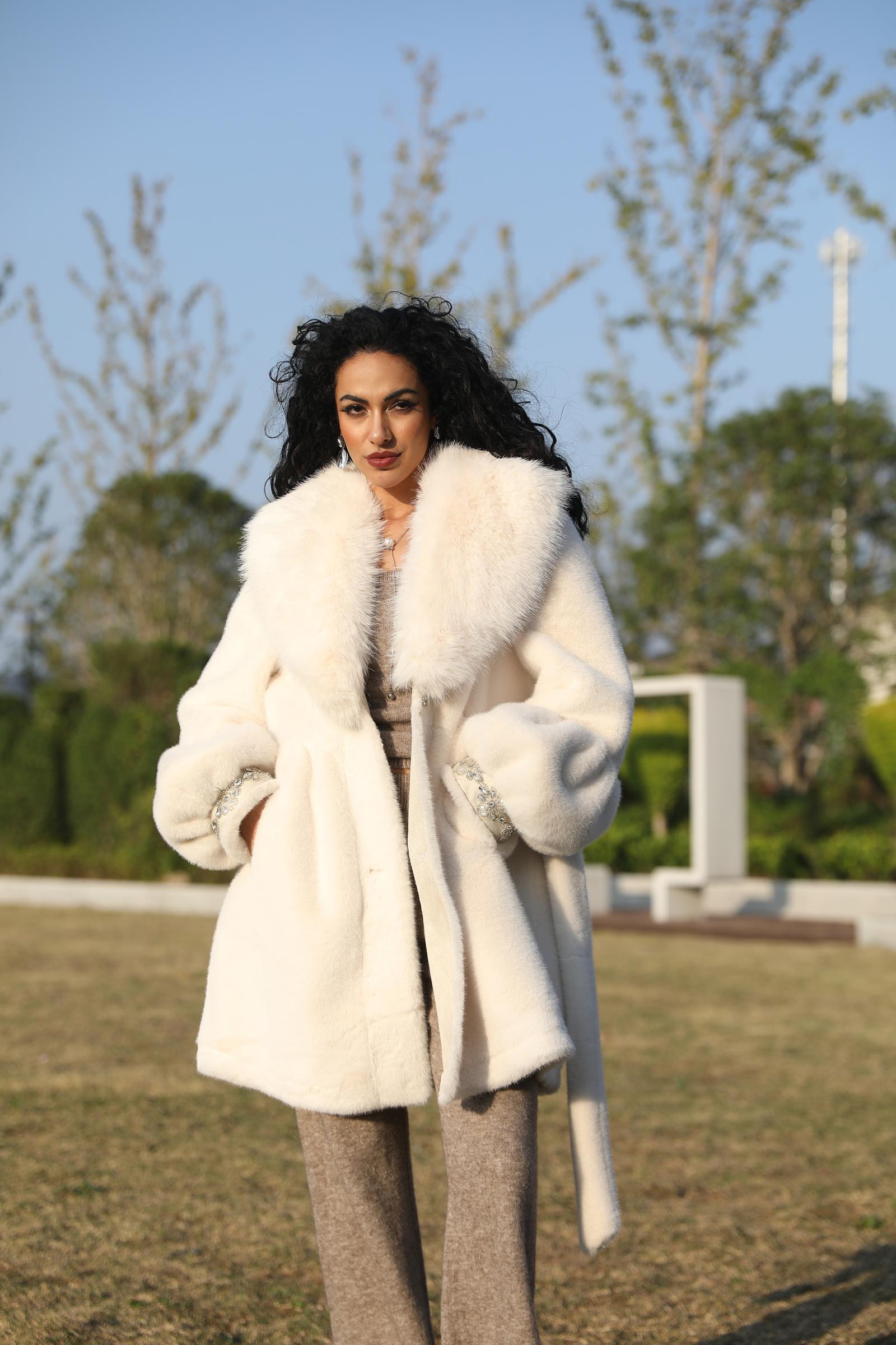 Eco-Friendly Faux Mink Fur Women's Jacket with Shawl Collar and Rhinestone Trim - Janefur