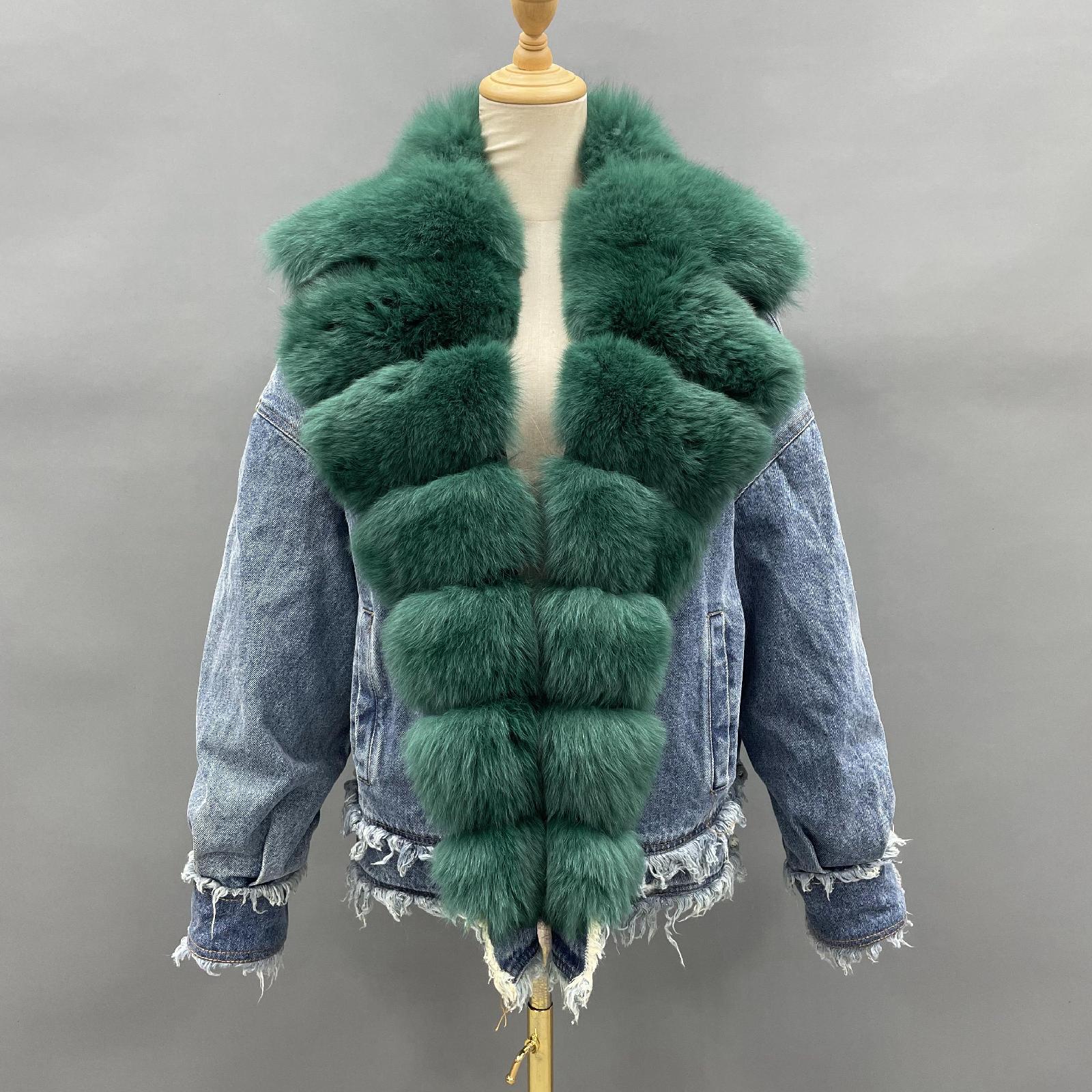 Women's Denim Jacket Leather Large Fox Fur Collar Winter Luxury Coat Fluffy Jacket Denim Blue Down Outerwear - Janefur
