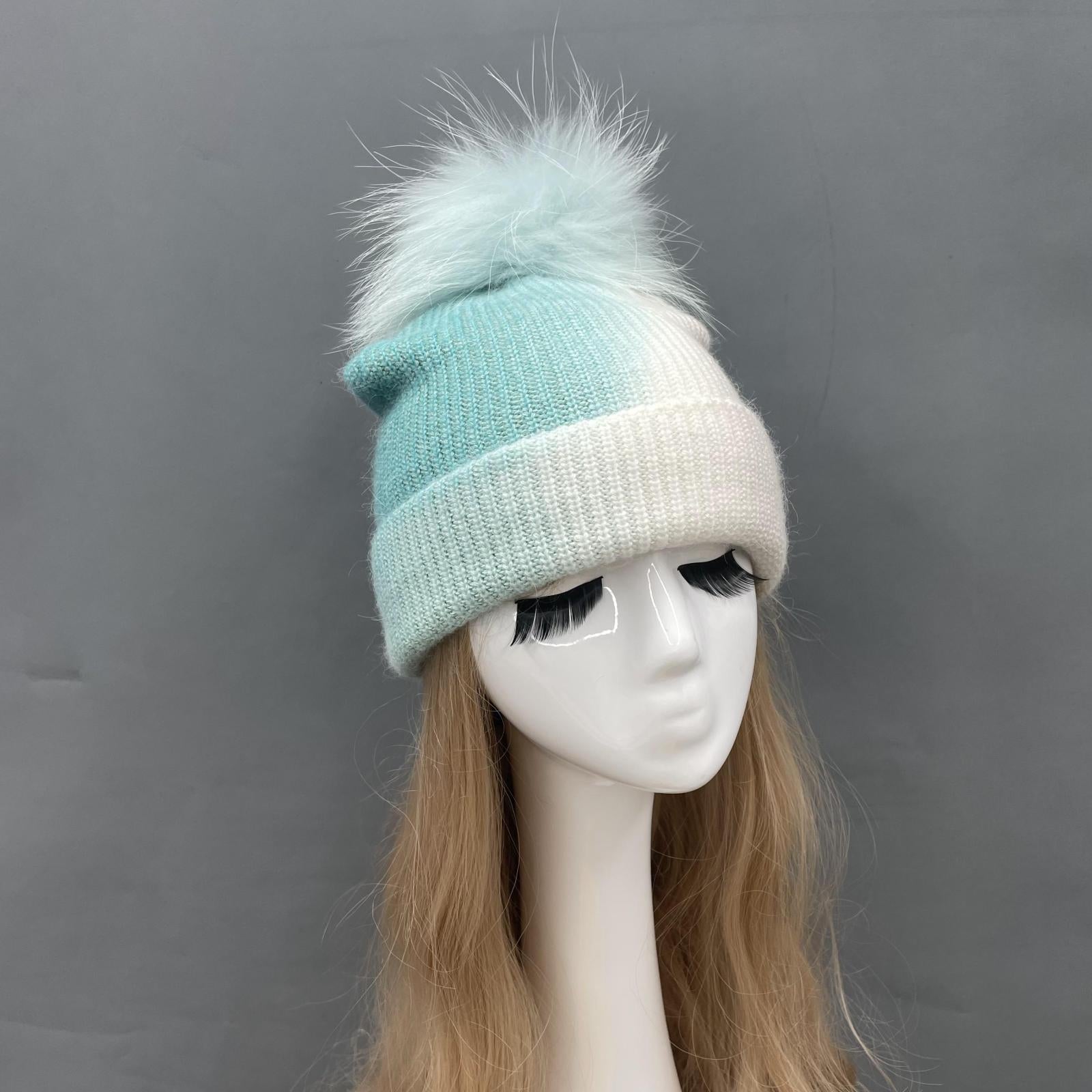 Ladies Gradient Angora Knitted Hat Fur Pom Pom - Janefur