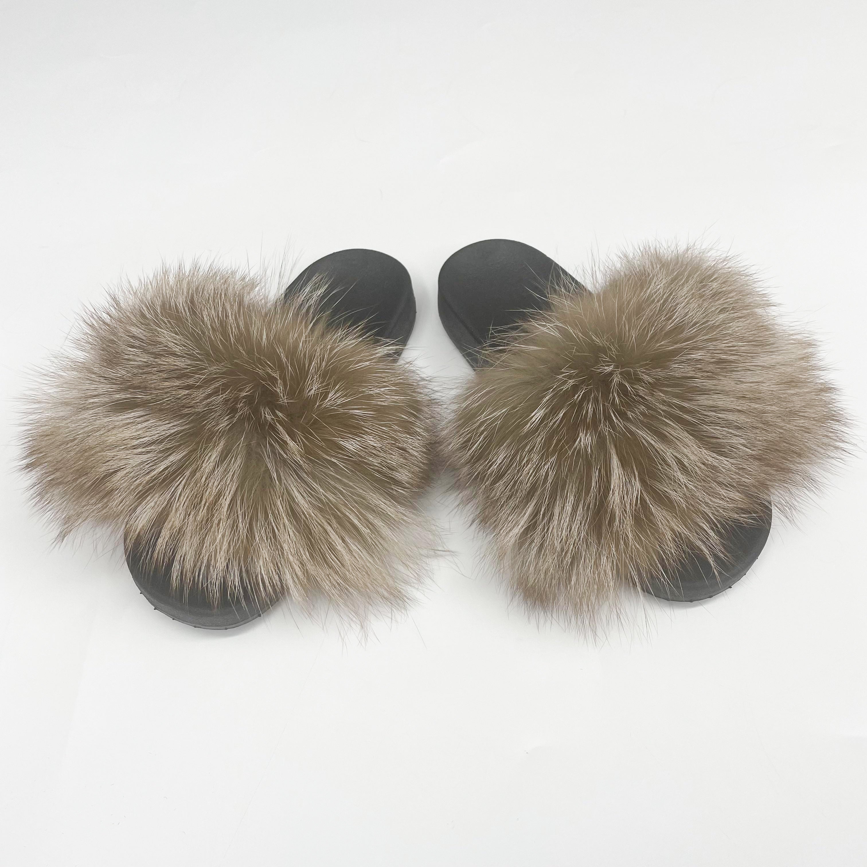 Janefur Luxury Women's Big Real Fox Fur Trim Slippers (Black Sole)