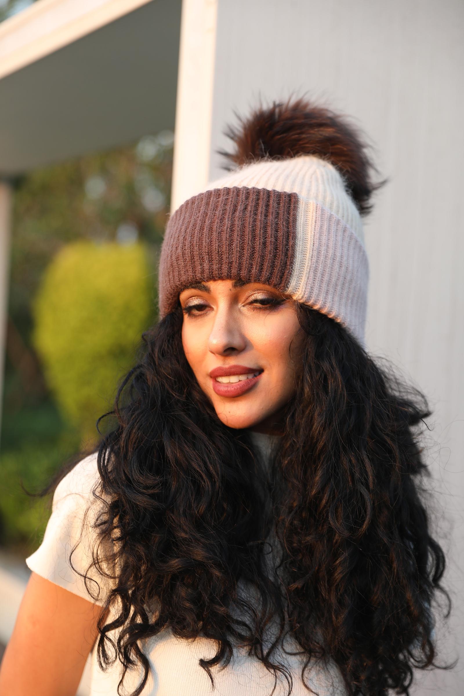 Women's Color-Blocked Trendy Rabbit Fur Hat with Pom Poms for Warmth - Janefur