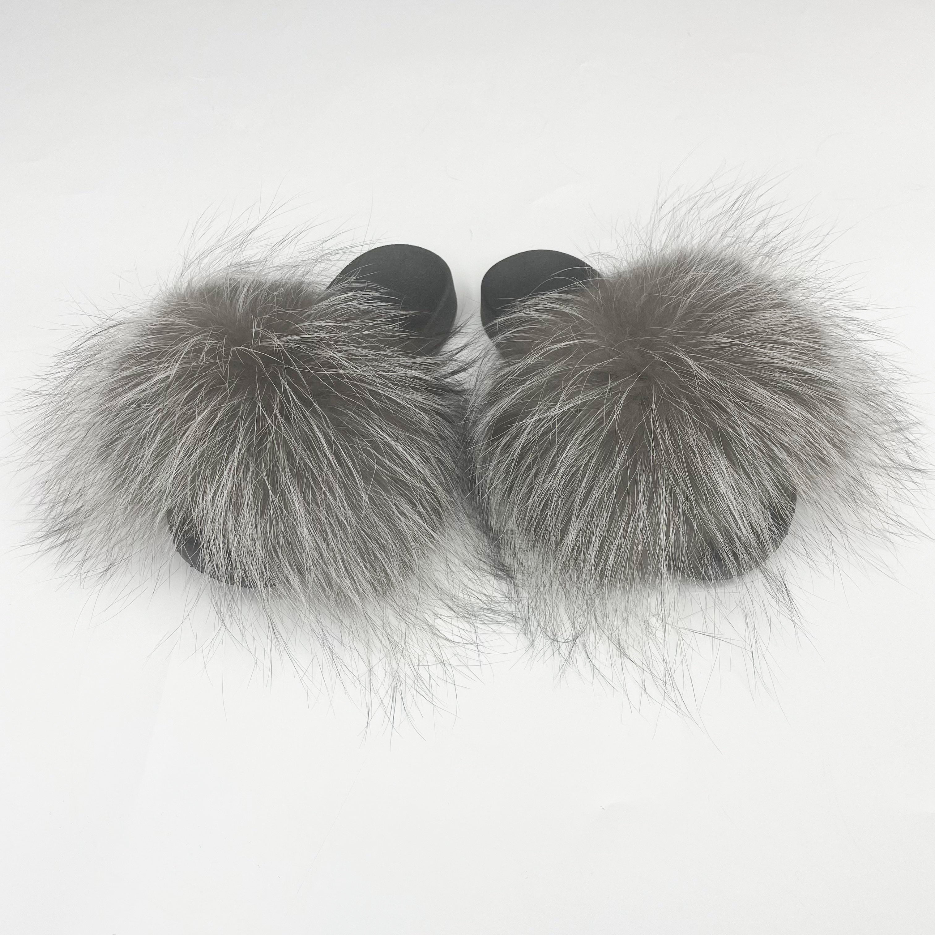 Janefur Luxury Women's Big Real Fox Fur Trim Slippers (Black Sole)