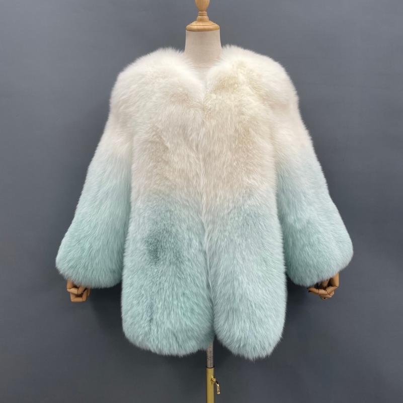 Winter High-quality Gradient Solid Color Women's Real Fox Fur Coat - Janefur