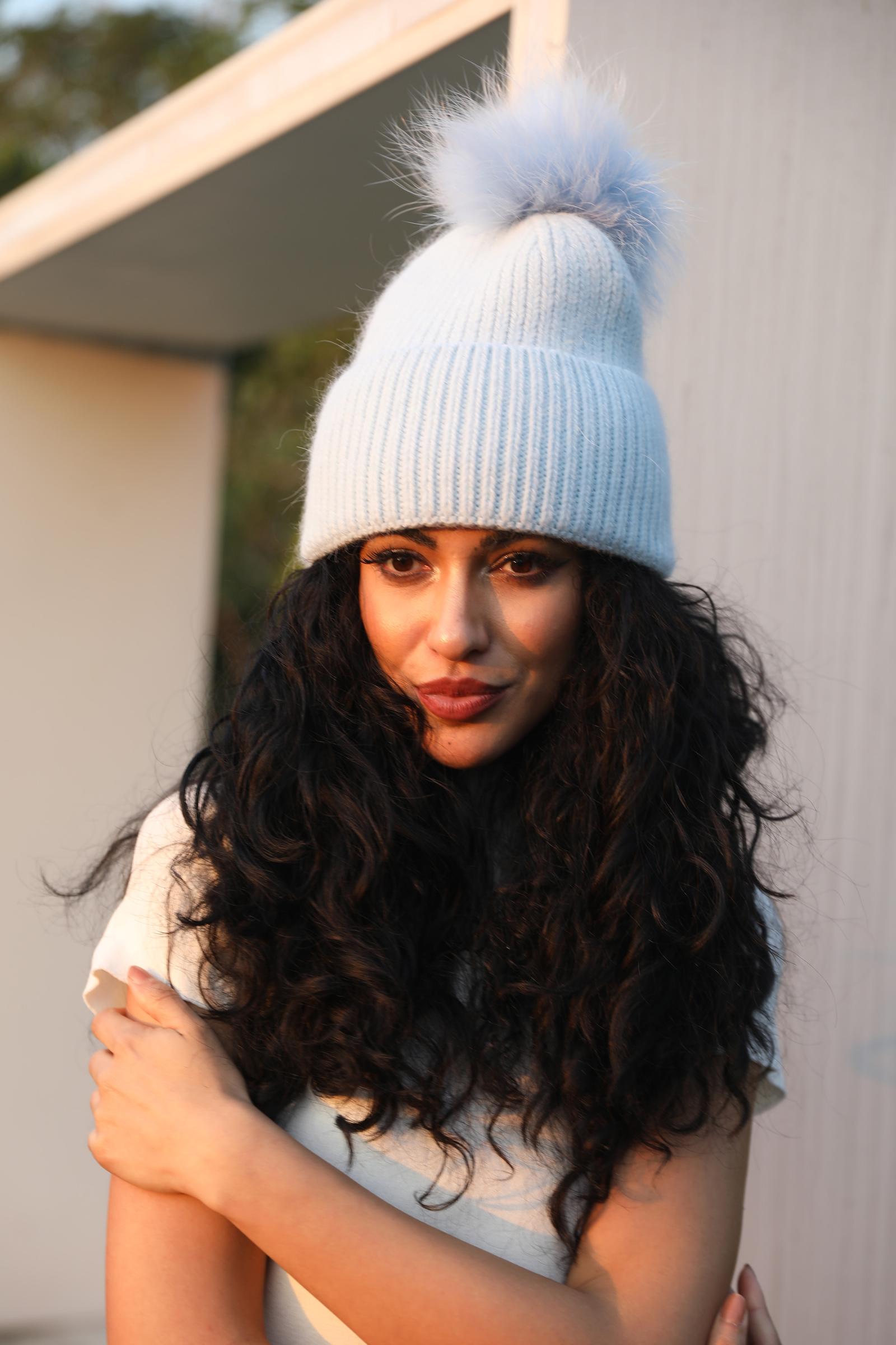 Women's Fashion Thin Striped Rabbit Fur Pom Pom Hat - Janefur