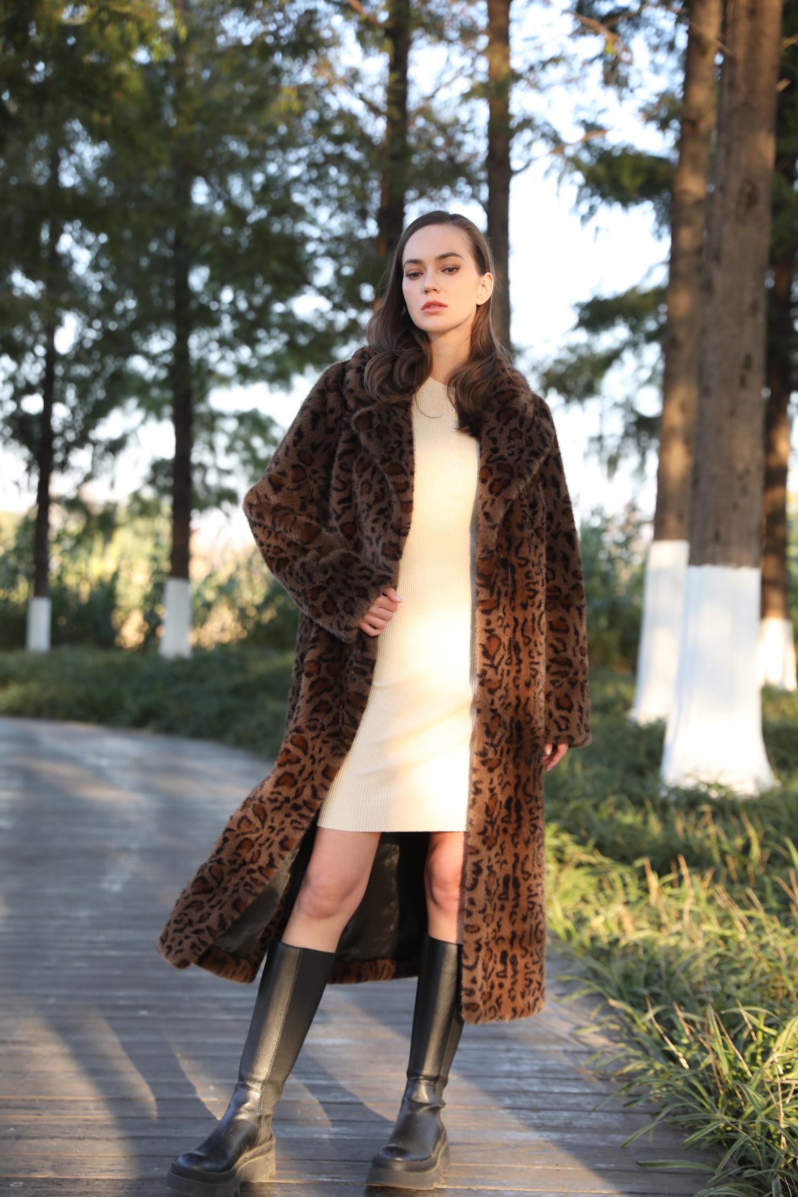New Trendy Leopard Print Long Faux Mink Jacket Eco Fur - Janefur