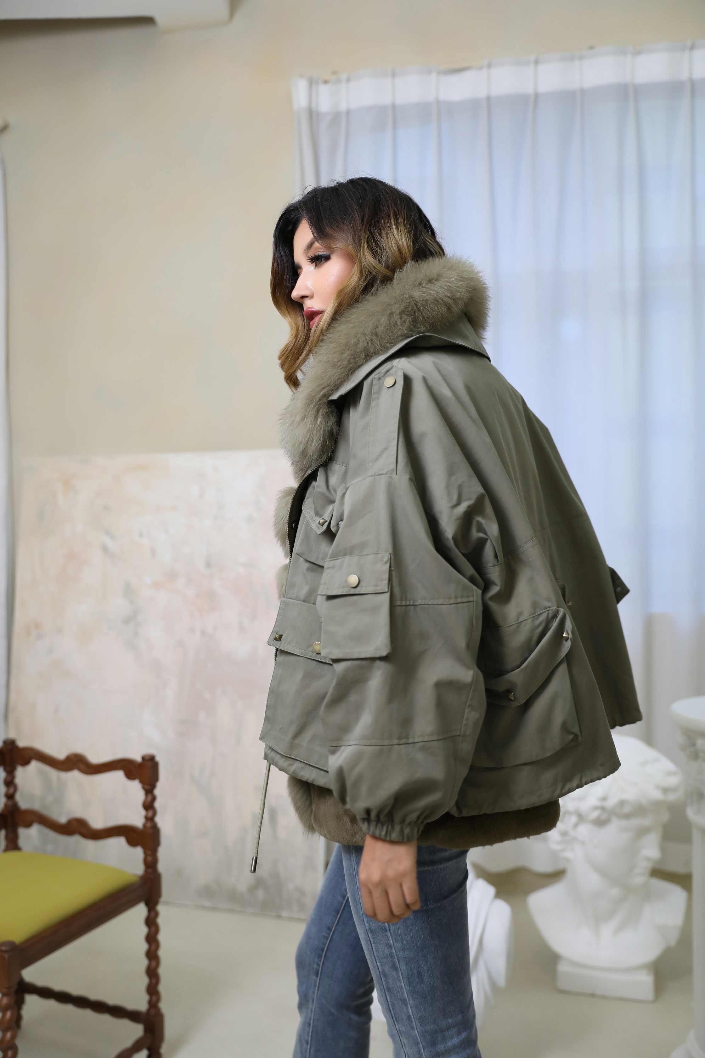Women's Winter Warm Multi-Pocket Coat Rabbit Fur Tank Fox Placket Parka - Janefur