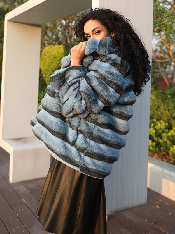 Eco Friendly Wool Faux Fur Coat Women's Stylish Notched Collar Chinchilla Pattern Short Jacket - Janefur
