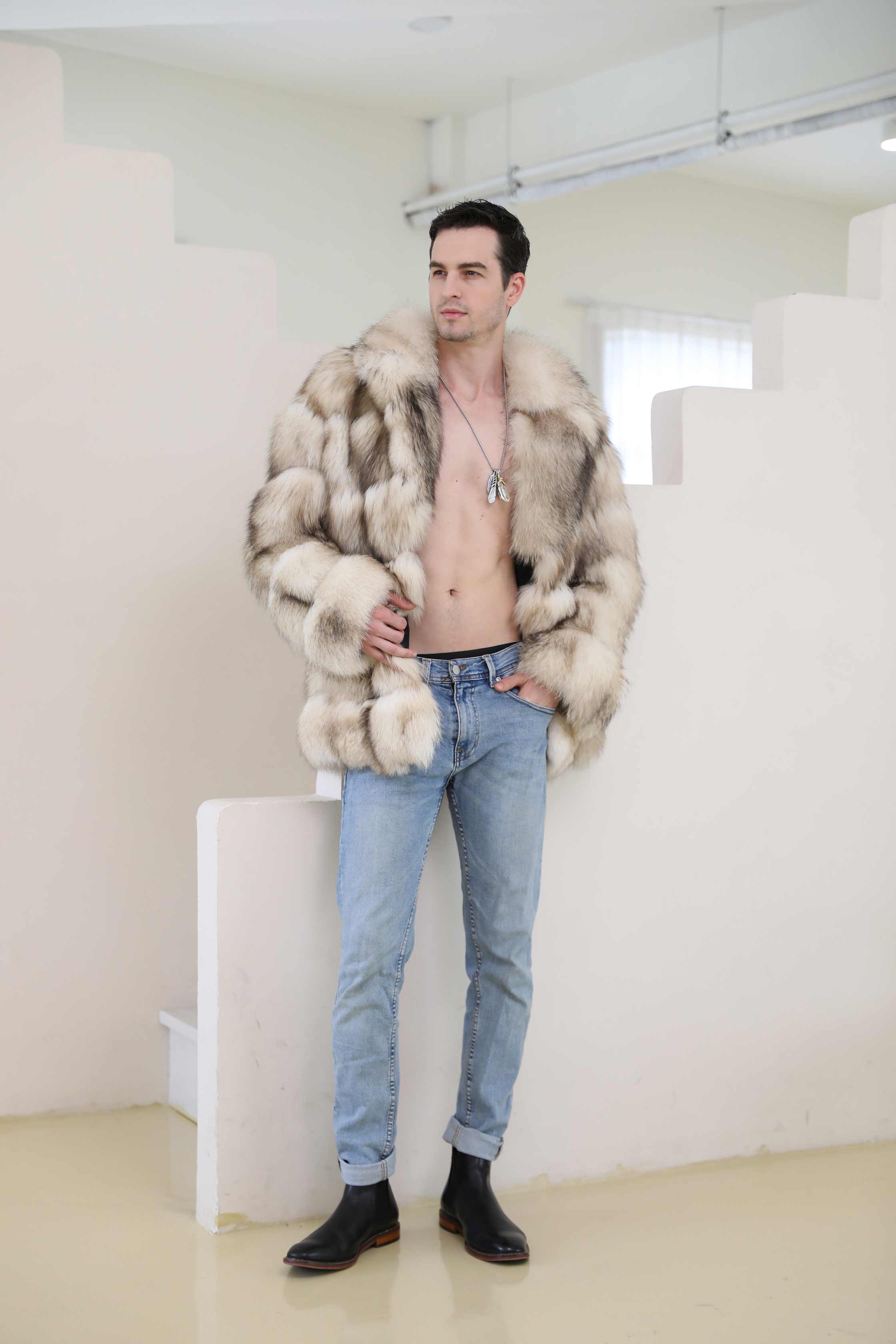 Stylish Design Loose Lapel Real Fox Fur Men's Luxury Coat - Janefur