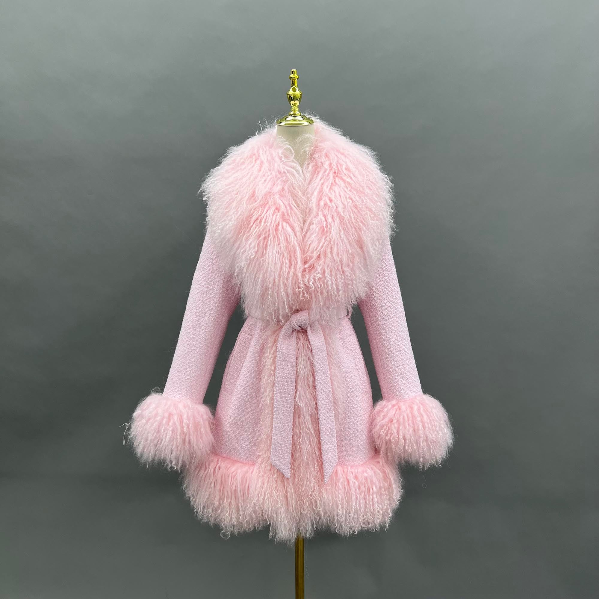Janefur Wholesale Long Mongolian Lamb Fur Womens Fashion Lace Up Fur Coat - Janefur