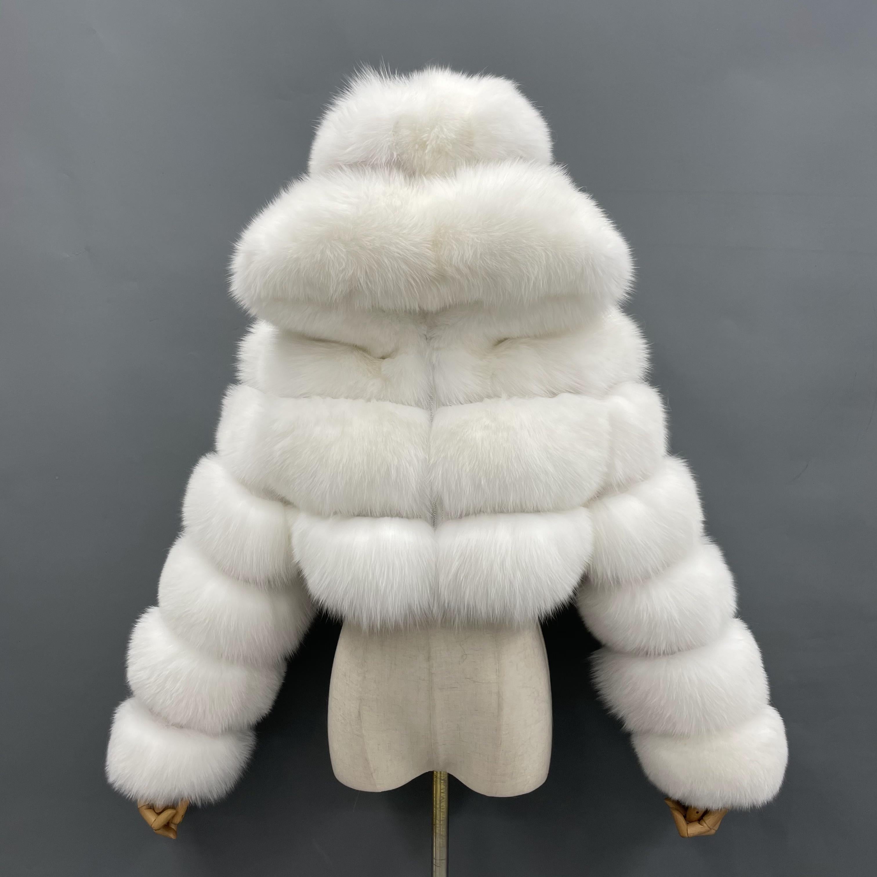 Fashion Short Genuine Fox Fur Coat Women's Winter Hooded Jacket - Janefur