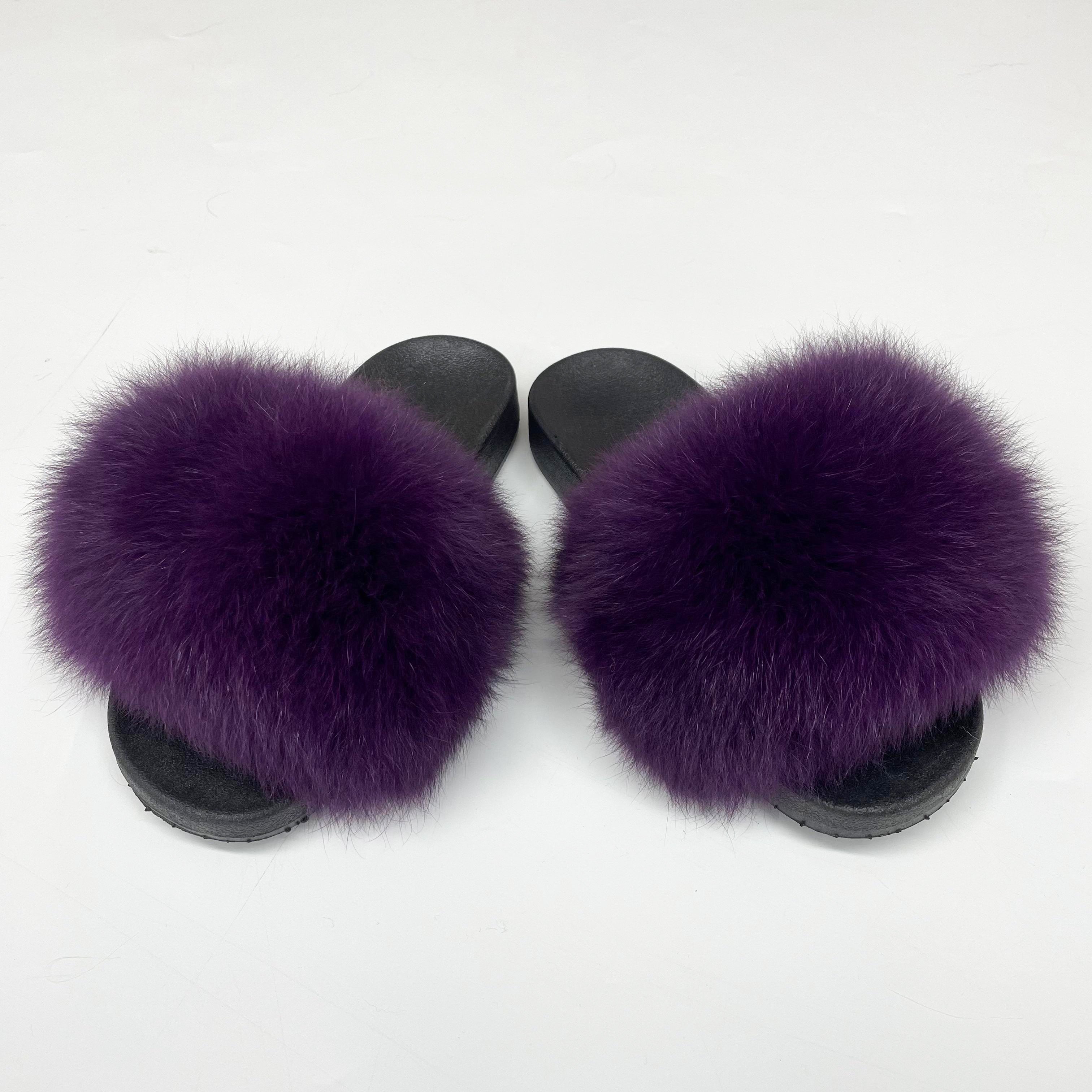 Janefur Luxury Women's Big Real Fox Fur Trim Slippers (Black Sole)