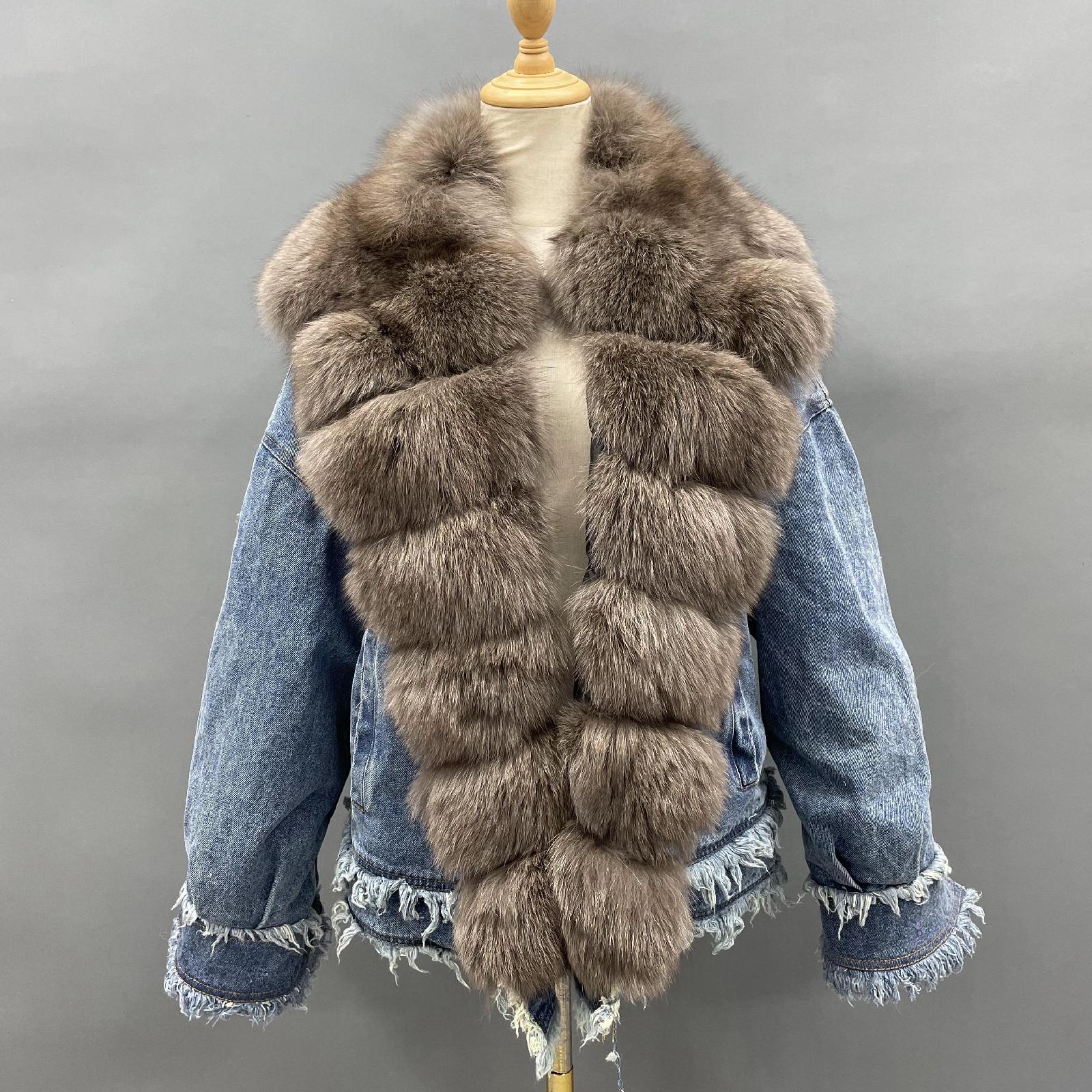 Women's Denim Jacket Leather Large Fox Fur Collar Winter Luxury Coat Fluffy Jacket Denim Blue Down Outerwear - Janefur