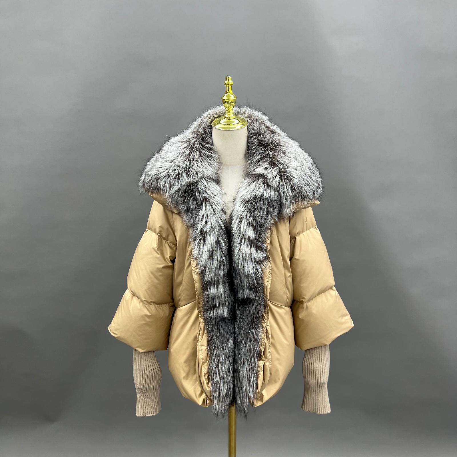 Goose Down Knitted Cuff Collar Large Lapel Women's Designer Down Jacket - Janefur