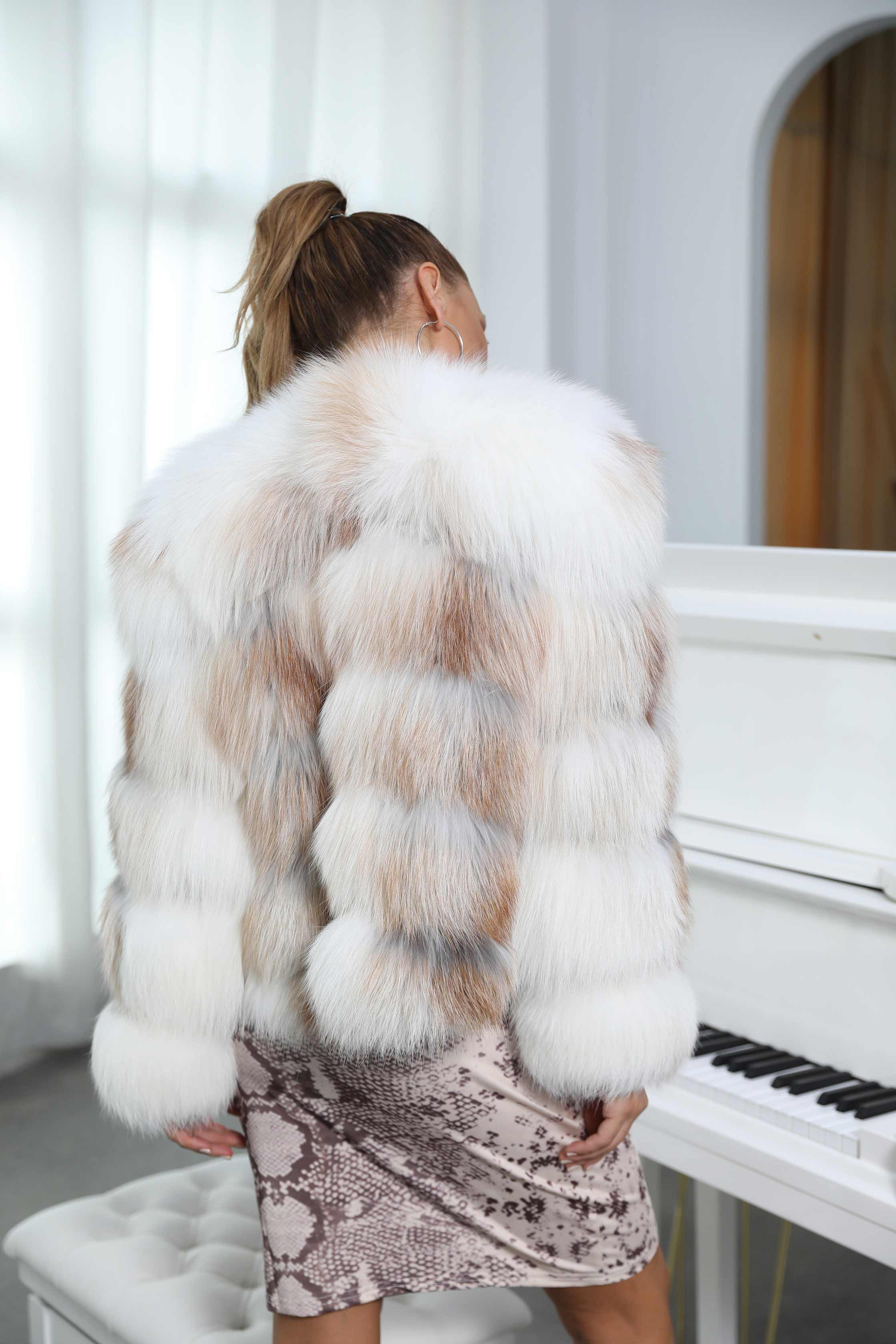 Round Neck Short Genuine Fur Fox Fur Women's Short Casual Coat - Janefur