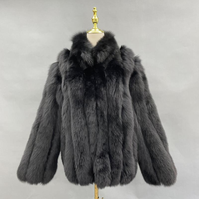 Men's Winter Coat With Stand-up Collar And Vertical Stripes Real Fox Fur - Janefur