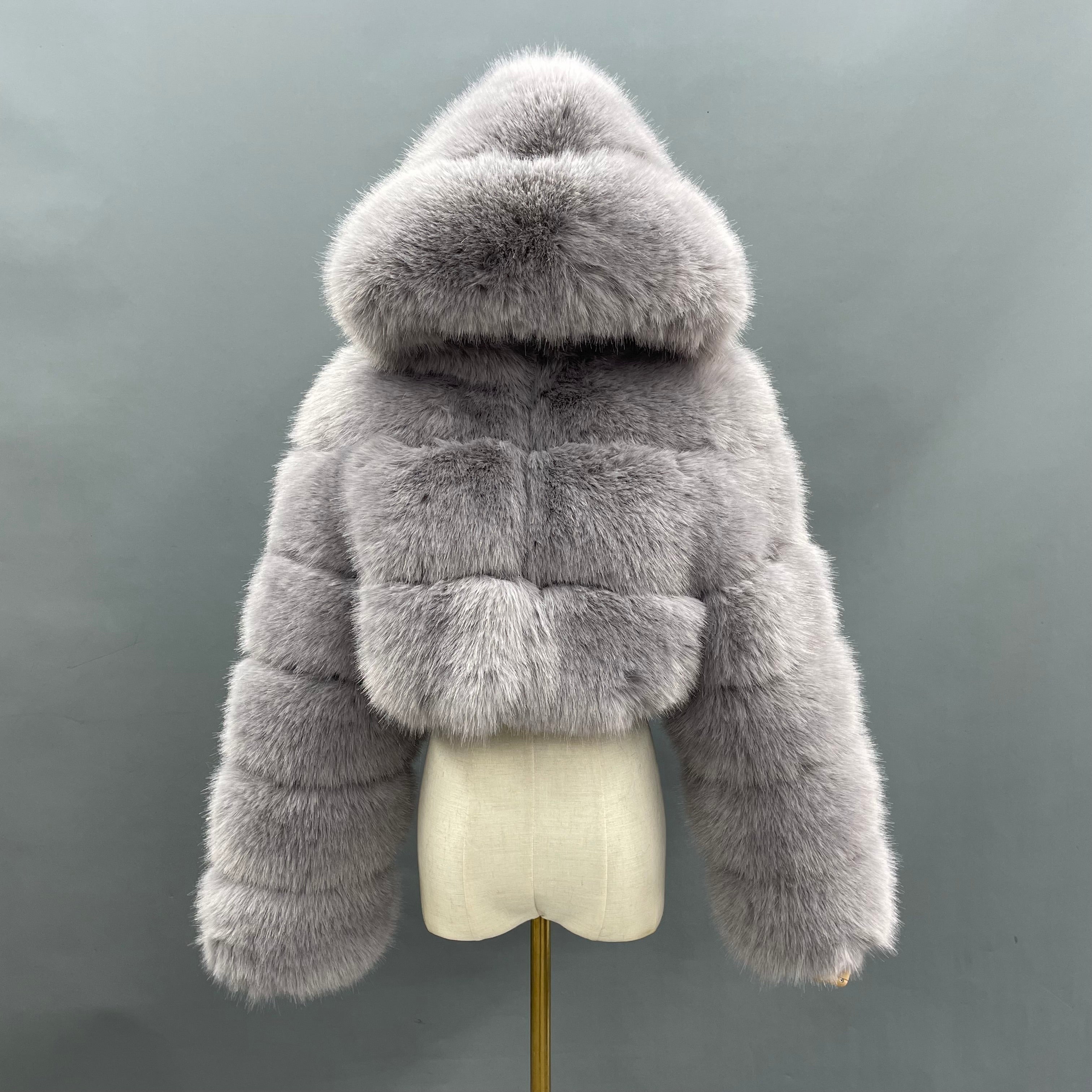 Three - Panel Faux Fur Cropped Hooded Coat
