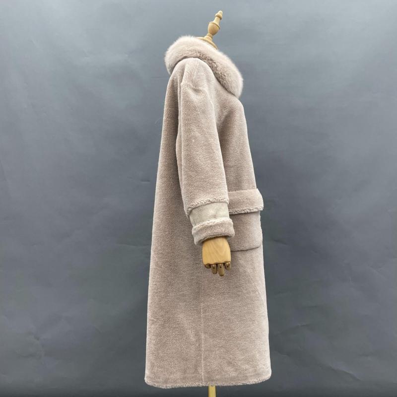 Shearling Coat With Fox Fur Lapels And Flap Pockets - Janefur
