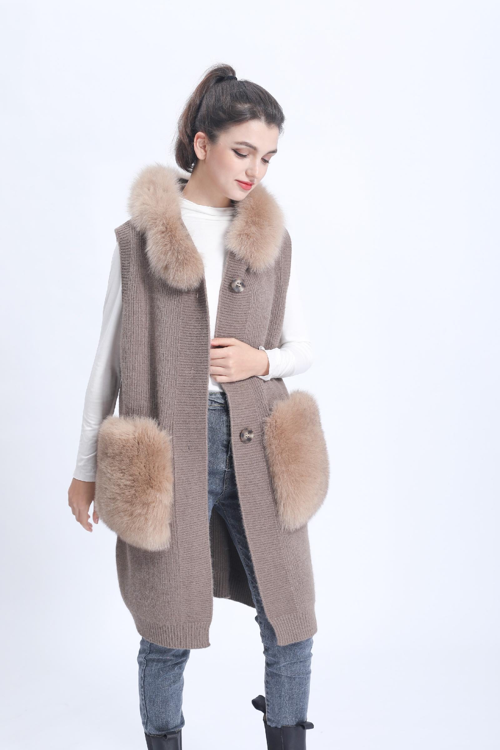 Women's Knitted Sweater Hooded Vest Sleeveless Button Down Cardigan Outwear Top with Pockets - Janefur