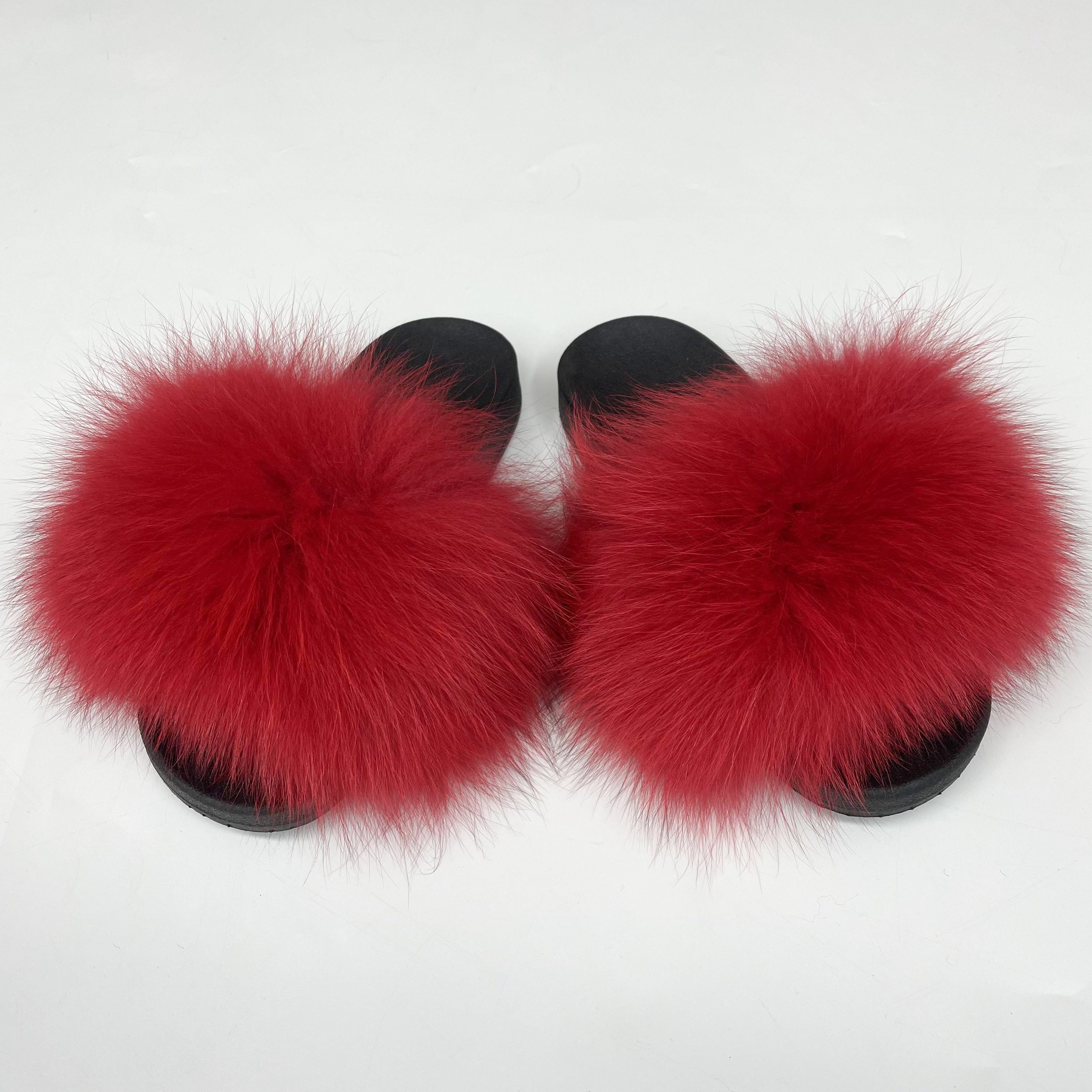 Janefur Luxury Women's Big Real Fox Fur Trim Slippers (Black Sole)