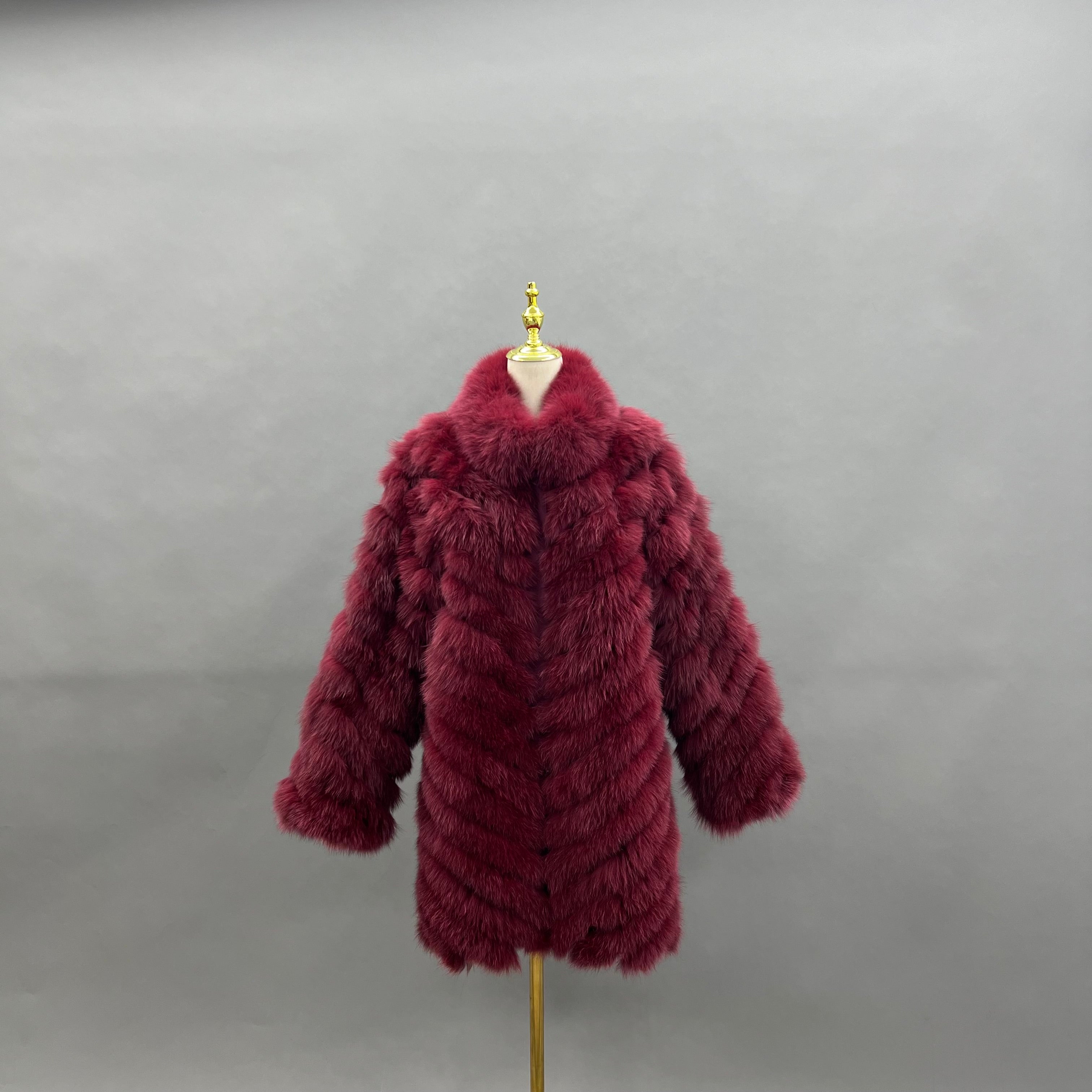 Reversible Long Jacket With Fox Fur And Diagonal Stripes 13#Wine Click chat with us