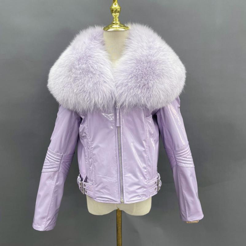 Women's Short Fox Fur Collar Bright Leather Coat - Janefur