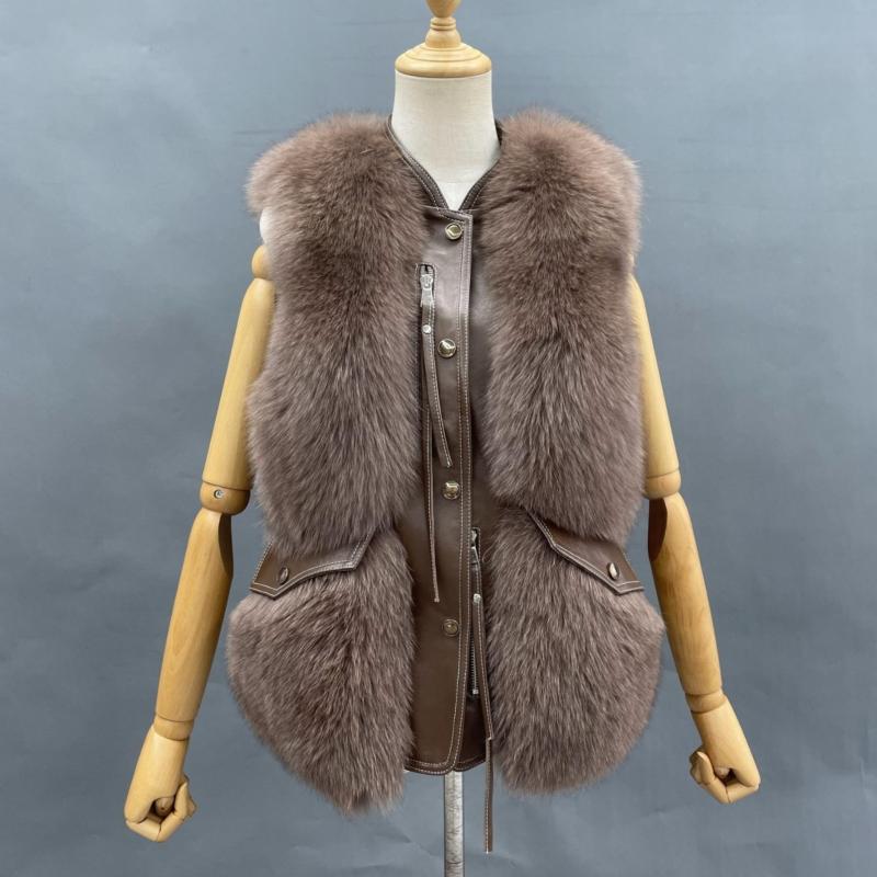 Zipper Decorated Leather Front Fox Fur Vest - Janefur