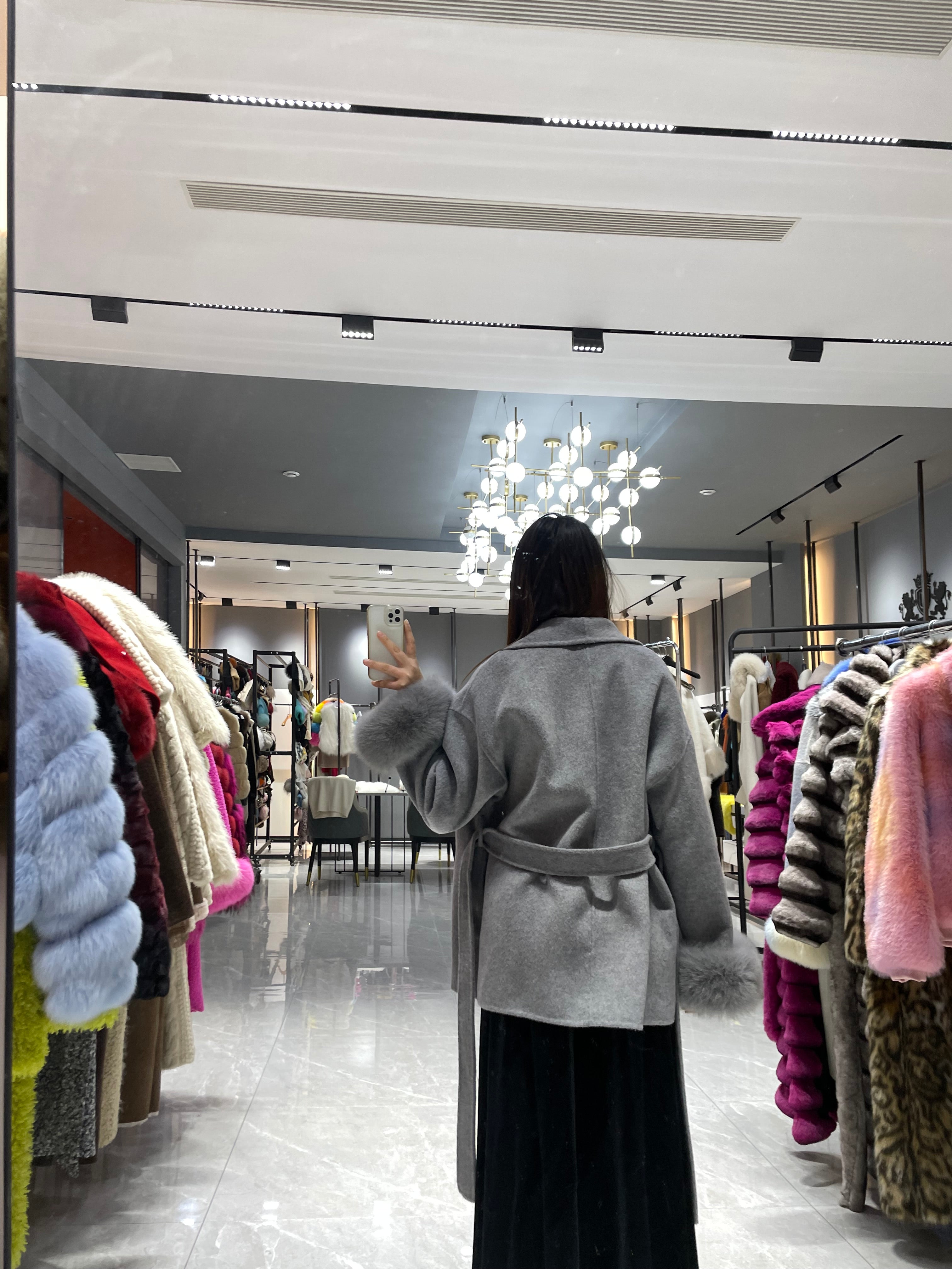 Elegant Belted Cashmere Wool Coat with Real Fox Fur Cuffs – Oversized Drop-Shoulder Design - Janefur