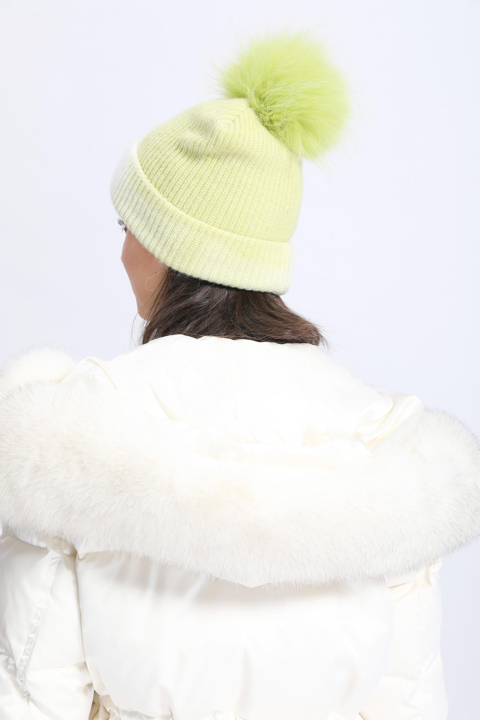 Ladies Gradient Angora Knitted Hat Fur Pom Pom - Janefur