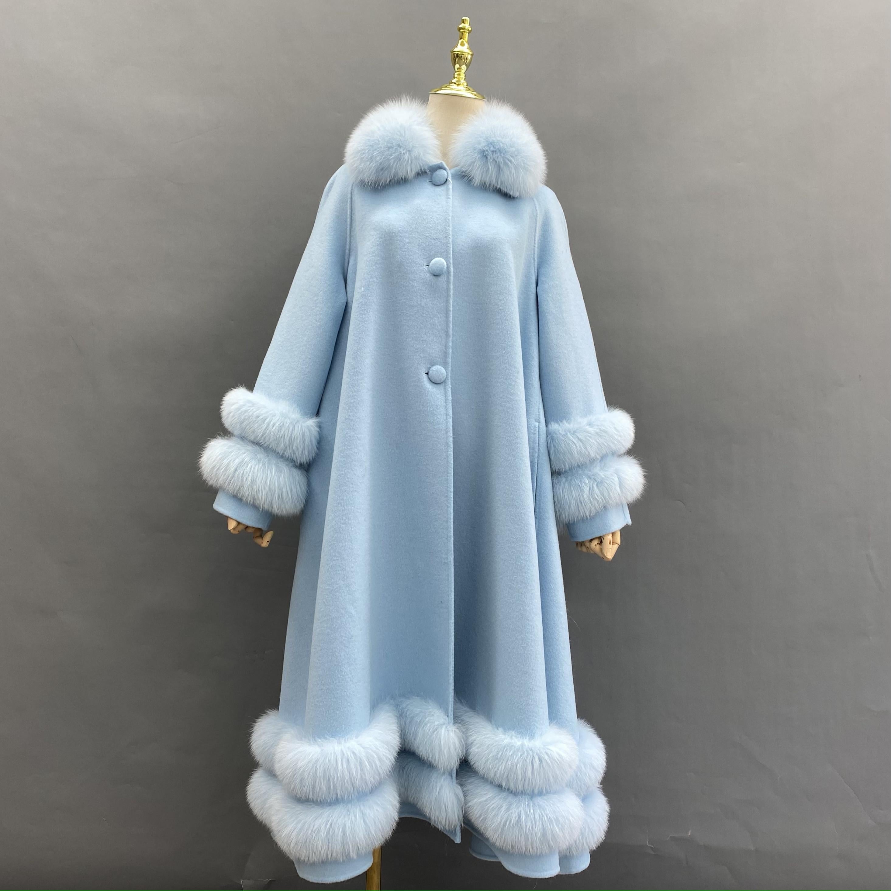 Women's Double Sided Cashmere Coat with Two Sections of Fur Collar at Hem and Cuffs - Janefur