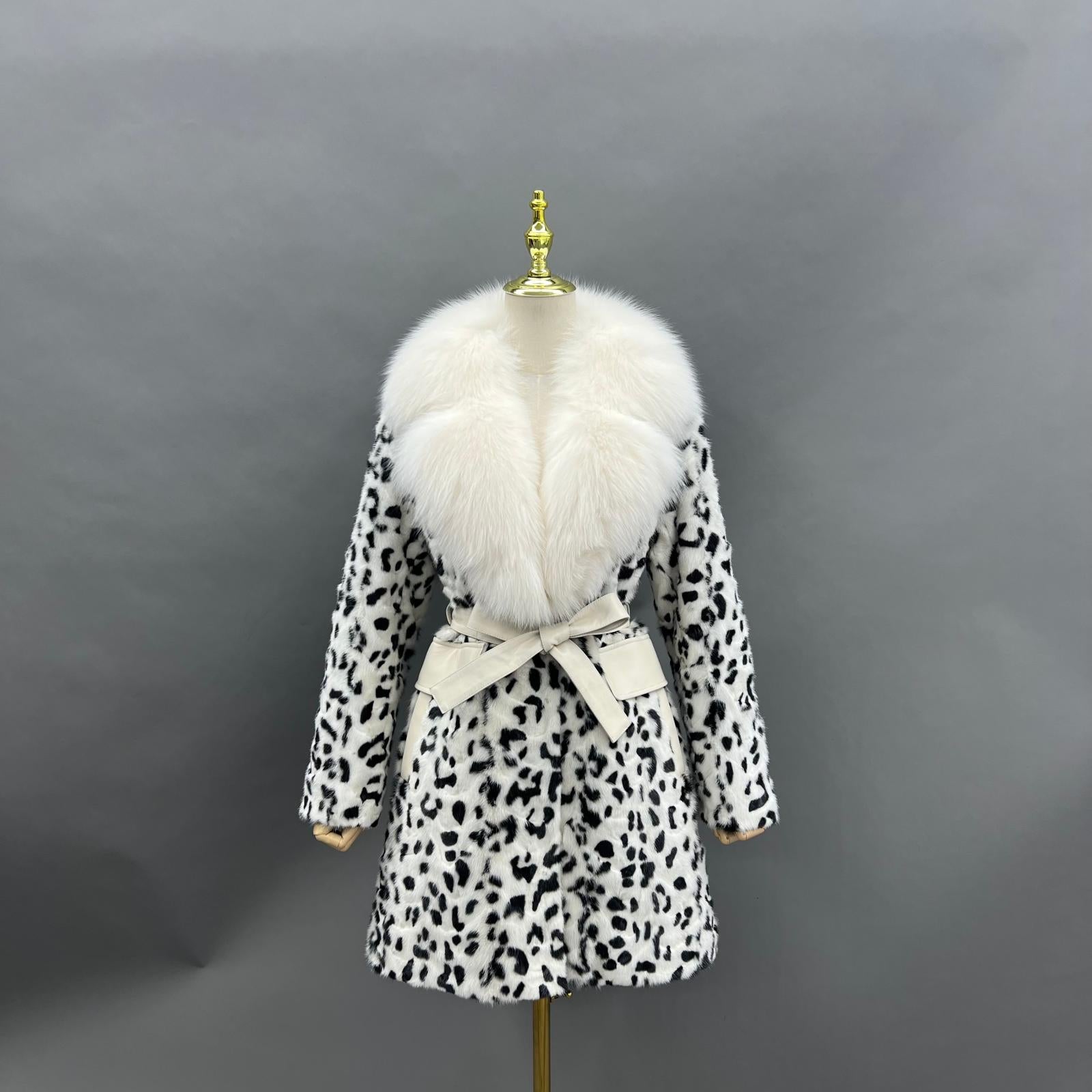 Mink Fur Women's Blazer with Lapel Mid-Length Belted Coat Mink Fur Trimmed Jacket - Janefur