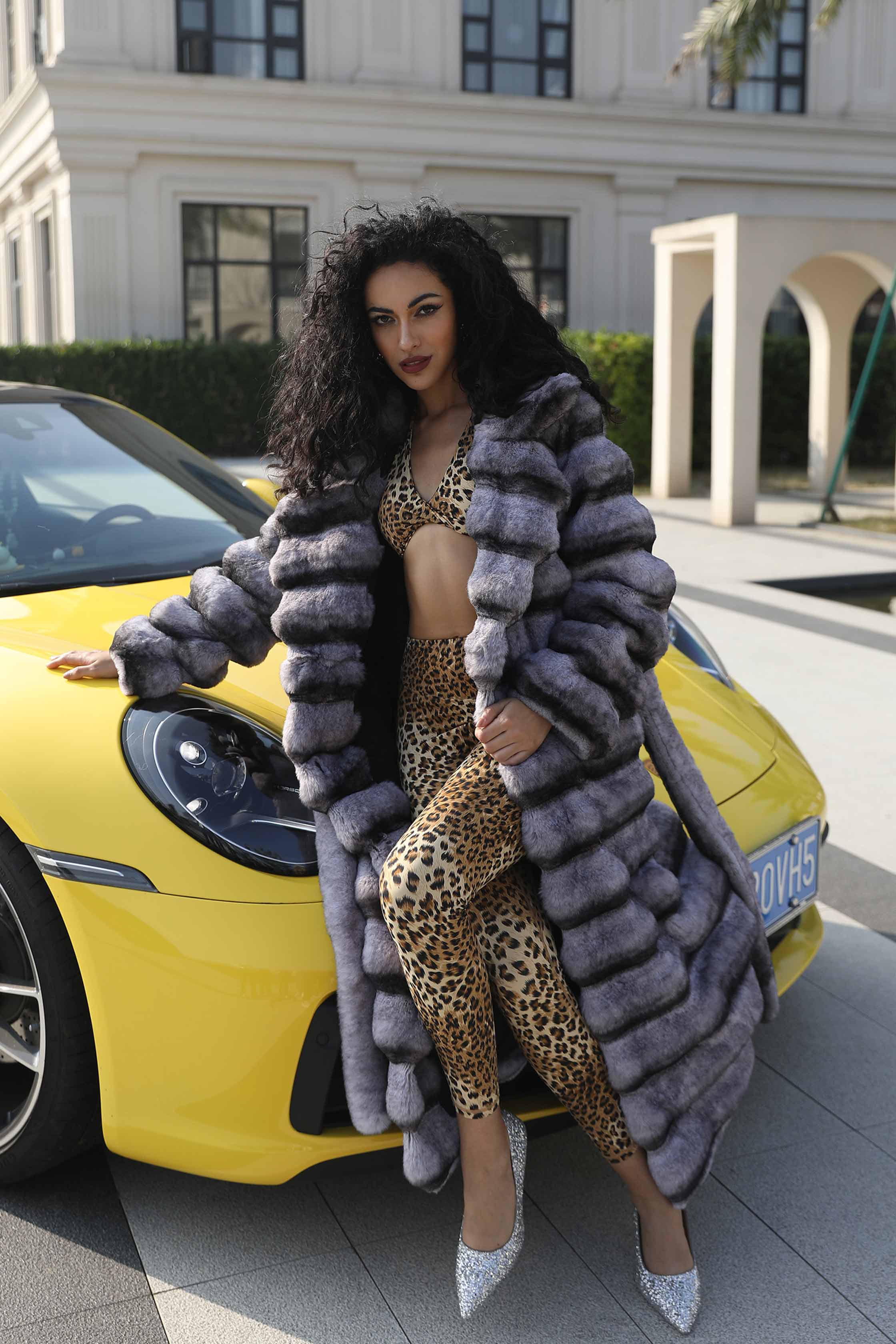 Eco Friendly Faux Fur Women's Casual Notched Collar Chinchilla Pattern Long Coat - Janefur