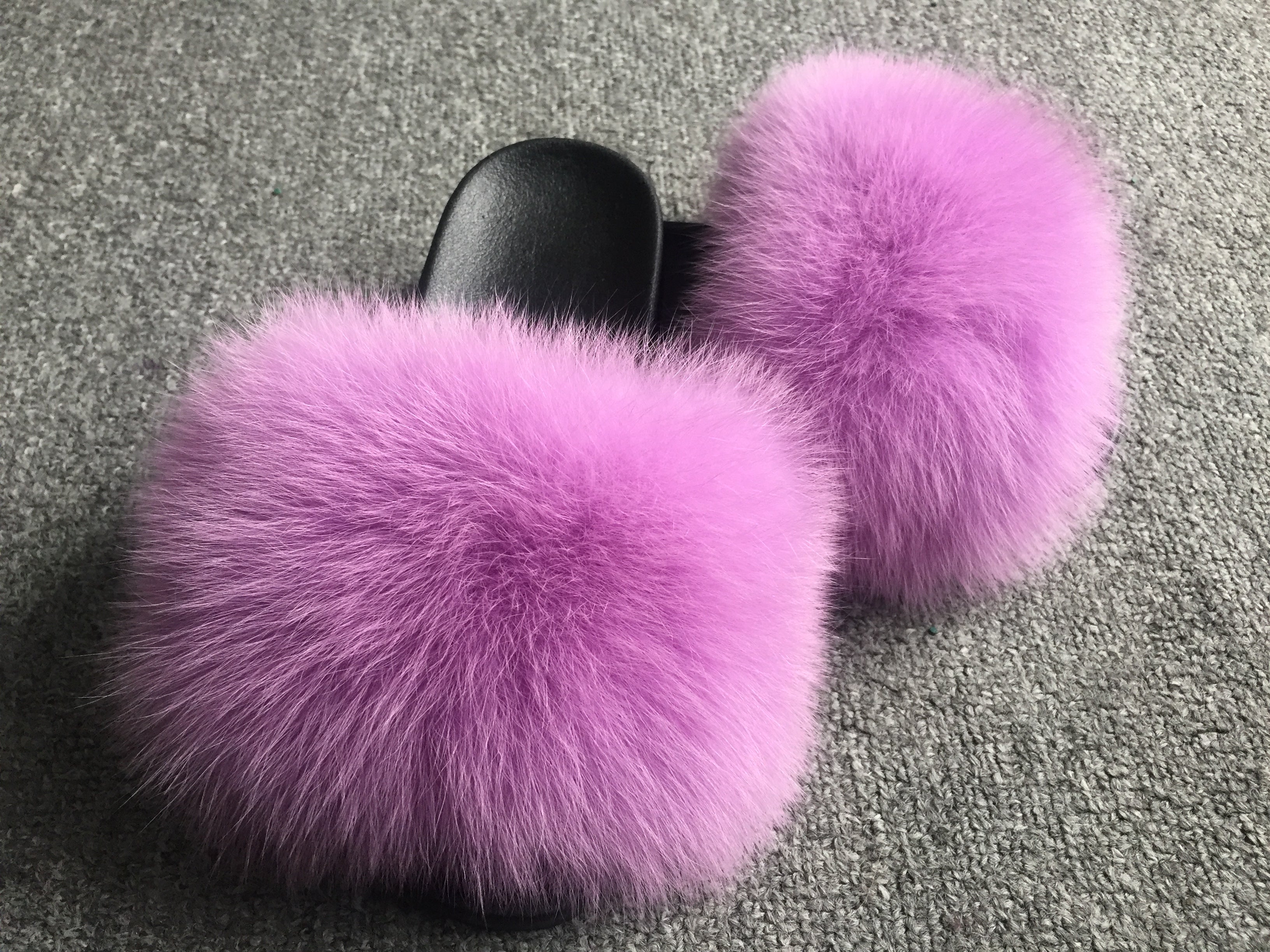 Janefur Luxury Women's Big Real Fox Fur Trim Slippers (Black Sole)