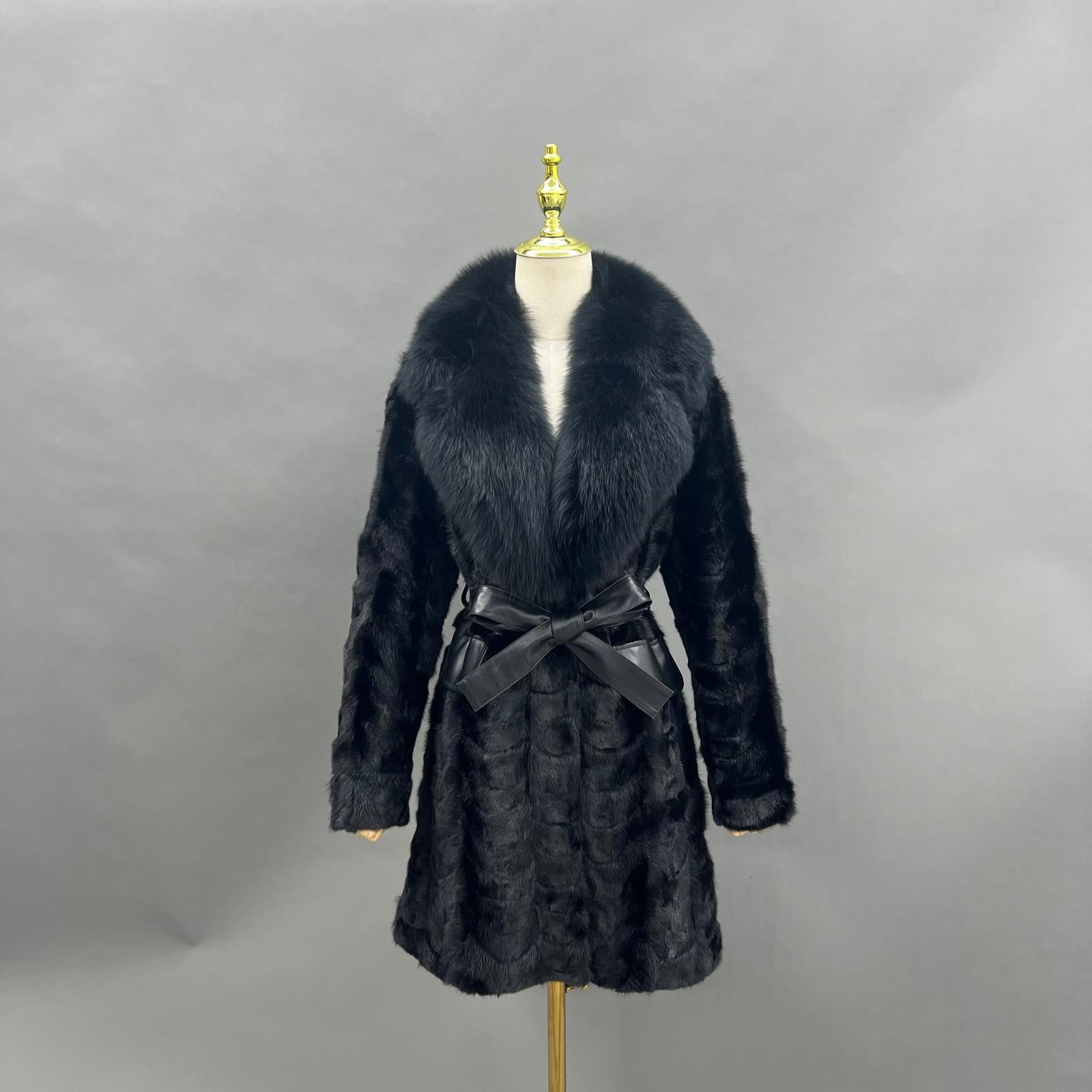 Mink Fur Women's Blazer with Lapel Mid-Length Belted Coat Mink Fur Trimmed Jacket - Janefur