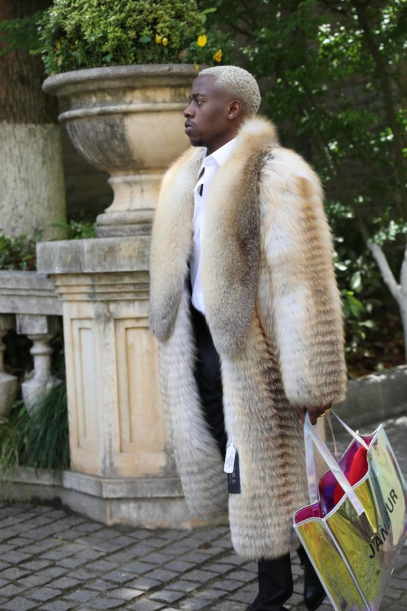 Long Fox Fur Coat with Wide Collar and Decorative Stripes - Janefur