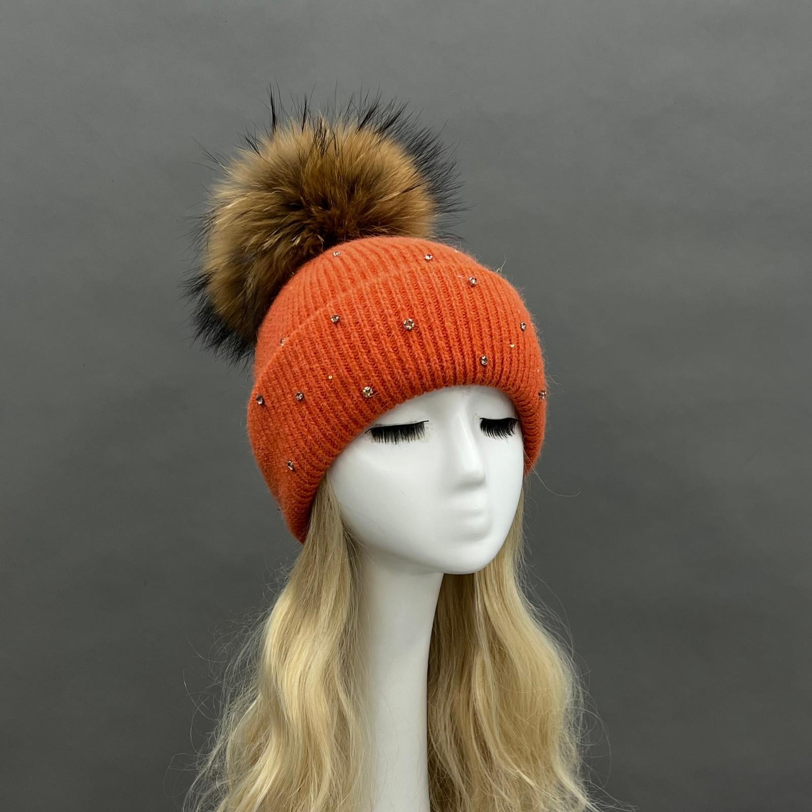 Women's Warm and Casual Rabbit Fur Hat with Sparkling Fur Pompoms - Janefur