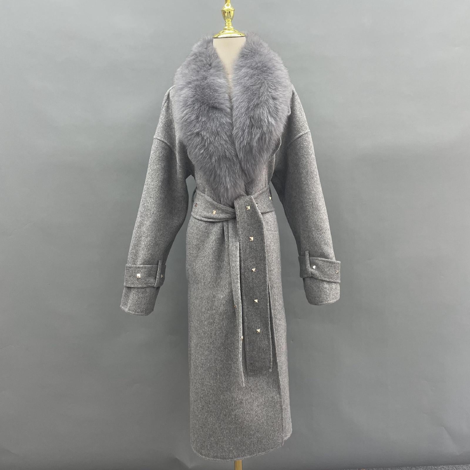 Women's Double-faced Wool Coat with Large Fur Lapel and Rivet Buttons Cashmere Jacket - Janefur