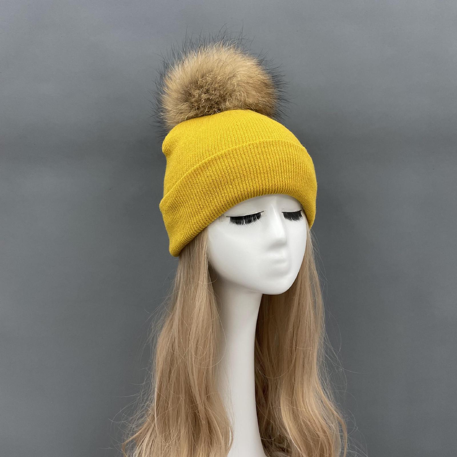 Solid Color Acrylic Knitted Hat with Single Fur Pom Pom Women's Knit Cap - Janefur