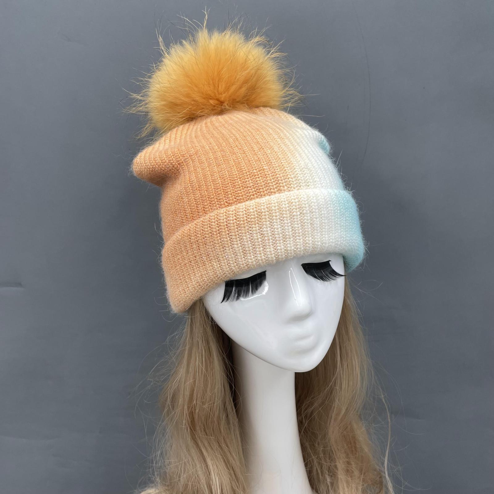 Ladies Gradient Angora Knitted Hat Fur Pom Pom - Janefur