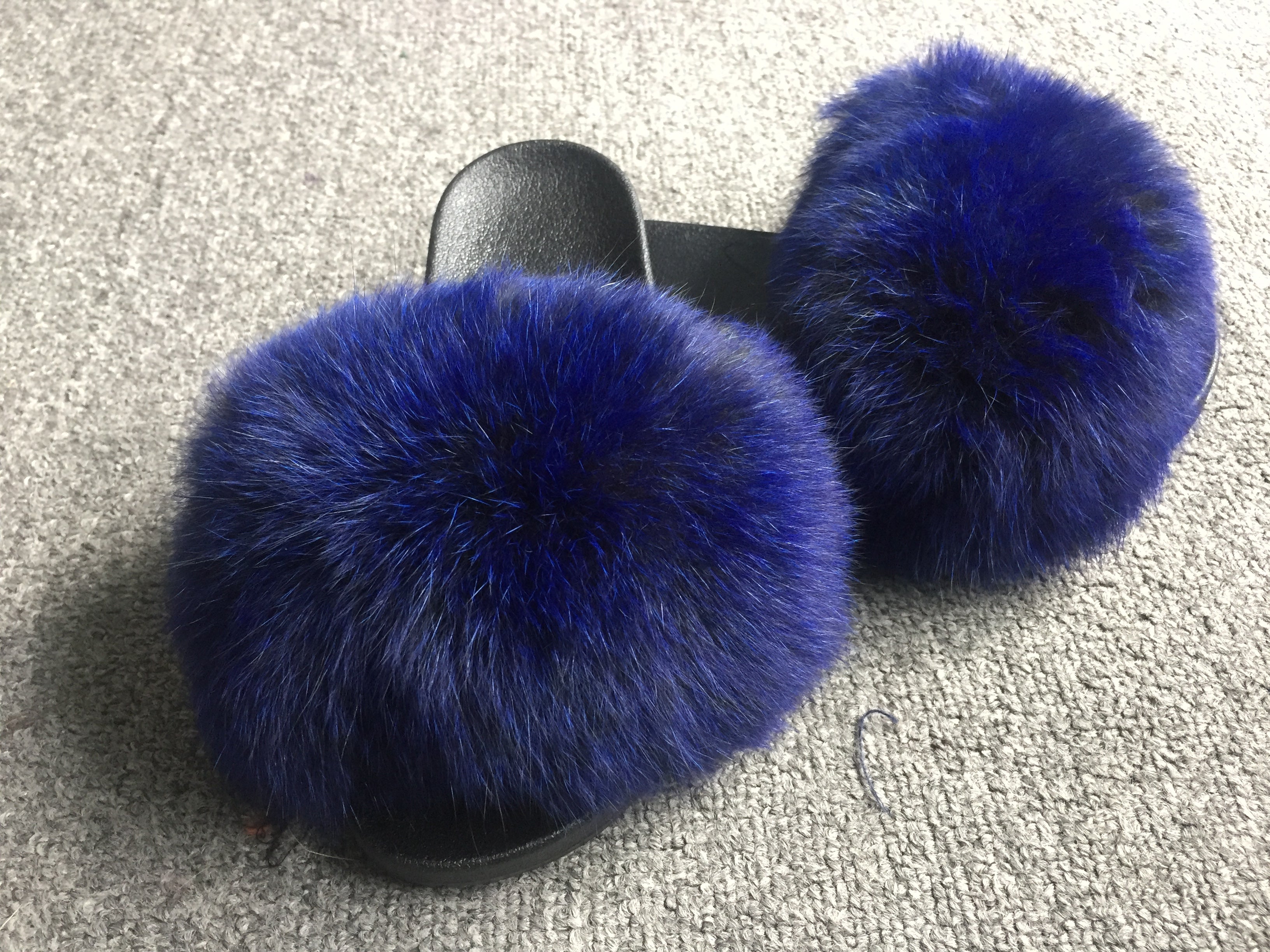 Janefur Luxury Women's Big Real Fox Fur Trim Slippers (Black Sole)