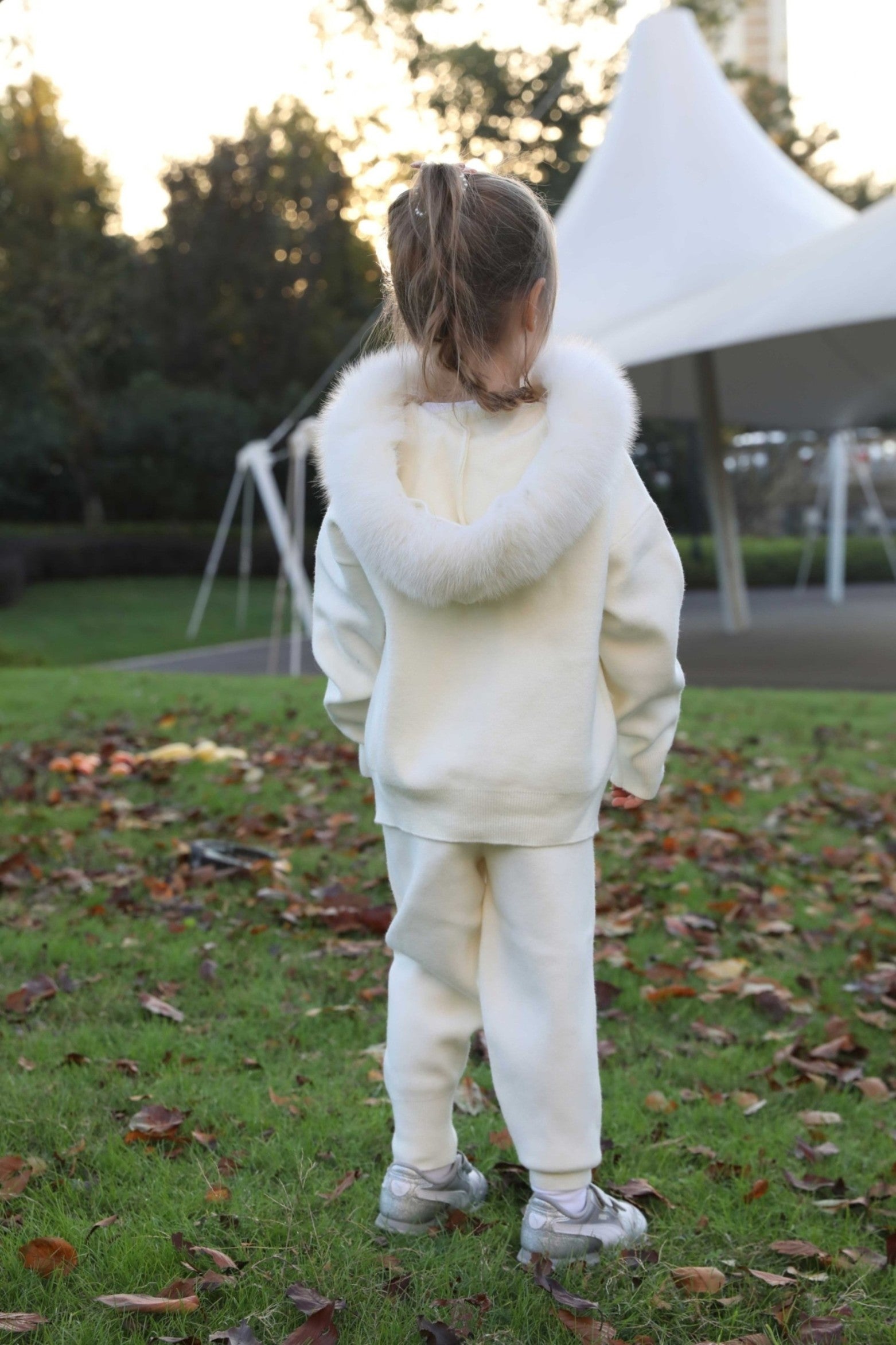 Children's Suit Fall and Winter Fur Collar Hooded Knit Sweatshirt Set - Janefur