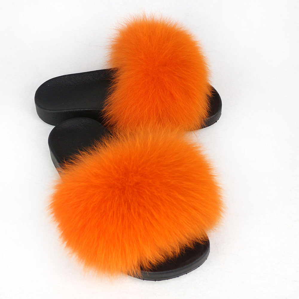 Janefur Wholesale Women's Fashion Slippers With Real Fox Fur Trim (Black, Gold, Silver Soles)