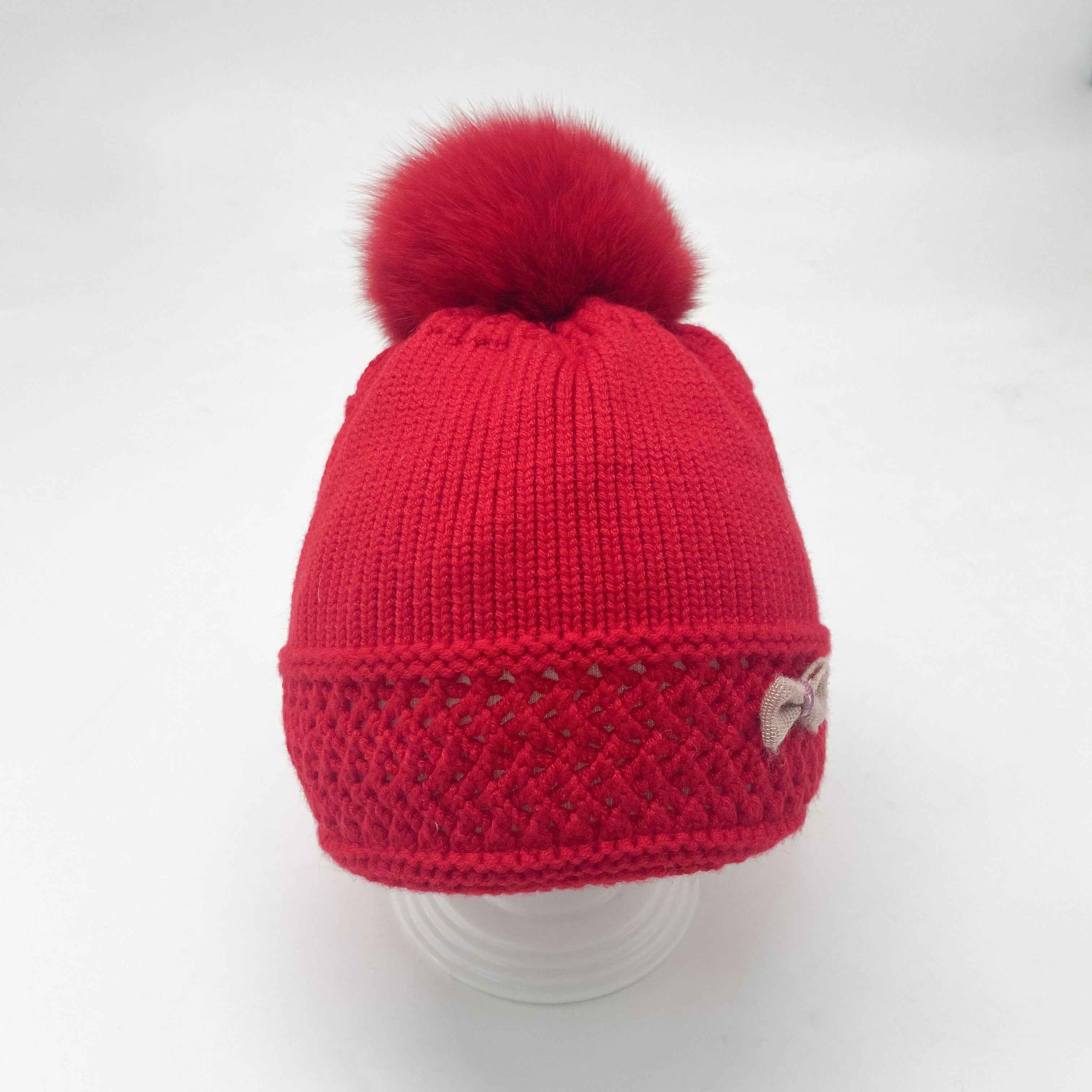Girls' Red Knit Beanie with Fox Fur Pom-Pom & Bowknot – Warm Winter Hat for Kids, Cute & Stylish 2#Bright Red Child a17 b38-60